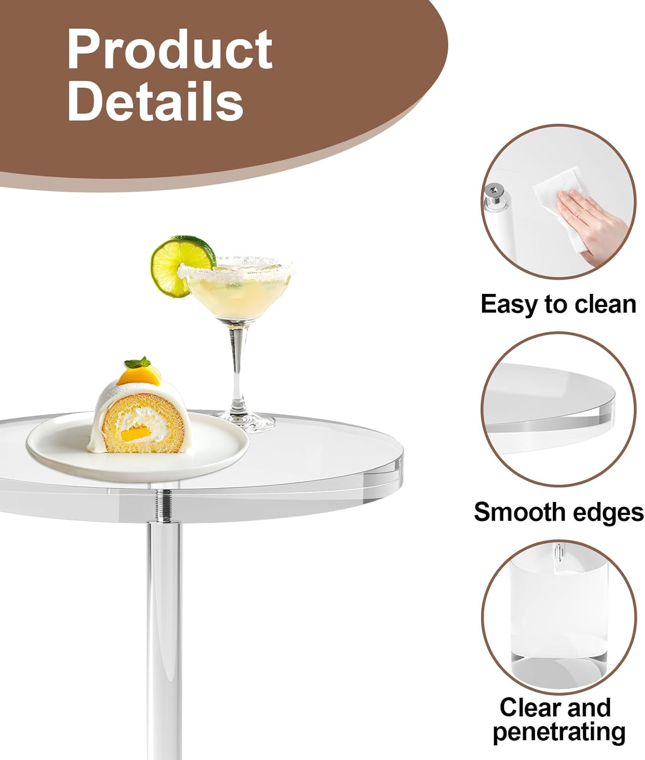 Acrylic End Table, Modern Minimalist Acrylic Side Tables, Clear Side Table for Living Room, Bedroom, Office, Drink Table (12" D x 12" W x 21" H, Transparent)