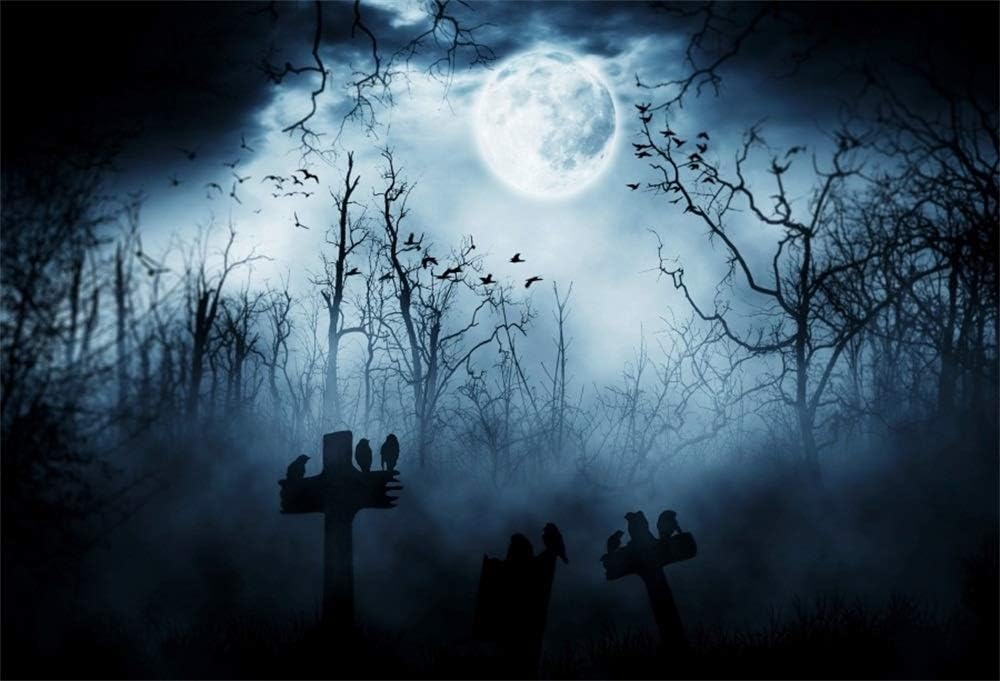 AOFOTO 9x6ft Moon Night Halloween Cemetery Photography Backdrop Flying Bats Birds Stand on Gravestone Cross Graveyard in Dark Forest Photo Background Cloth Vinyl Wallpaper Photo Studio Props