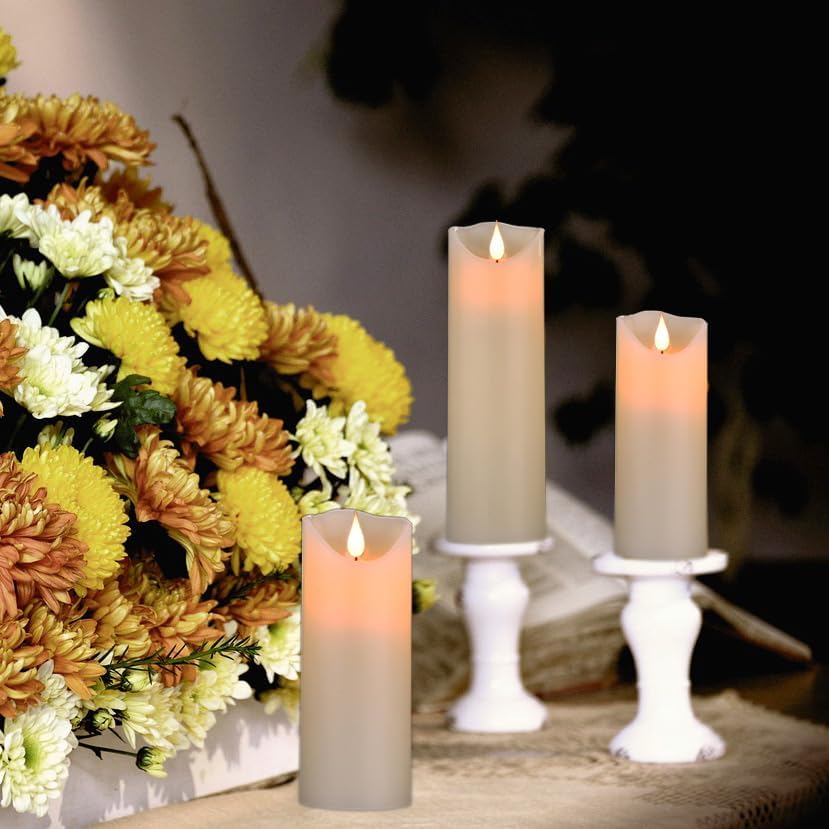 Flameless Battery Operated LED Candles 3D Wick with10key Button Remote Control 24-Hour Timer Set of 5 Electric Flickering Pillar Real Wax，Wedding, Party, Home Decoration