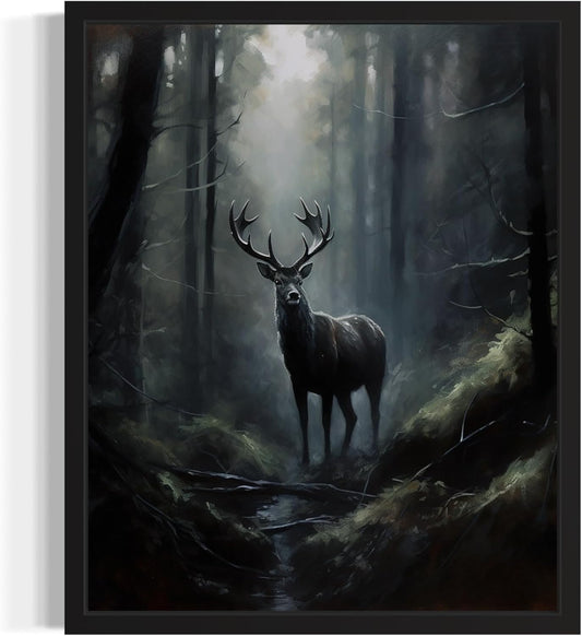 Deer in Forest Poster Art Print, Halloween Scary Vintage Wall Art Academia Spooky Painting Decoration for Horror Prints, Gothic Posters Bedroom Decor 89 (Deer in Forest, 16 x 20 inches, Unframed)