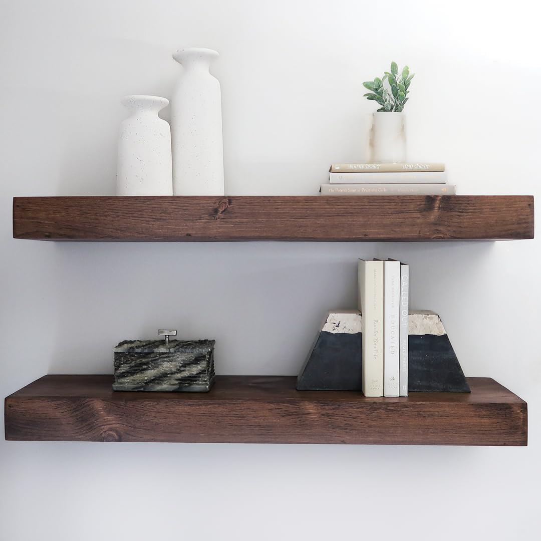 Modern Floating Shelves 3 Inches Thick for Wall, Wide Shelves for Kitchen, Living Room, Bedroom, and Bathroom, Natural Pine Wood, Rustic Wooden Shelf, (Set of 2) (Provincial, 48Lx3Hx8D)