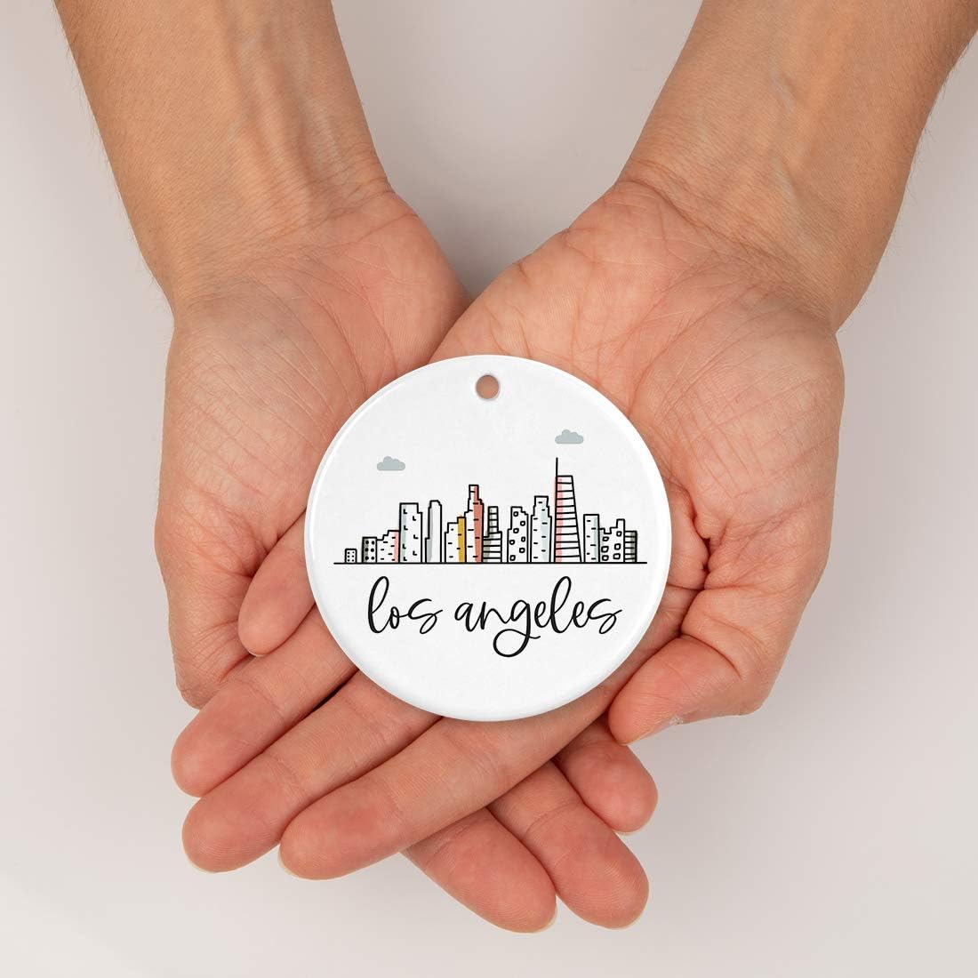 Andaz Press Round Ceramic Porcelain Christmas Tree Ornament Keepsake Gift, Los Angeles, Colorful City Skyline Graphic, 1-Pack, Birthday Ideas Family Coworker Him Her, Includes Gift Box