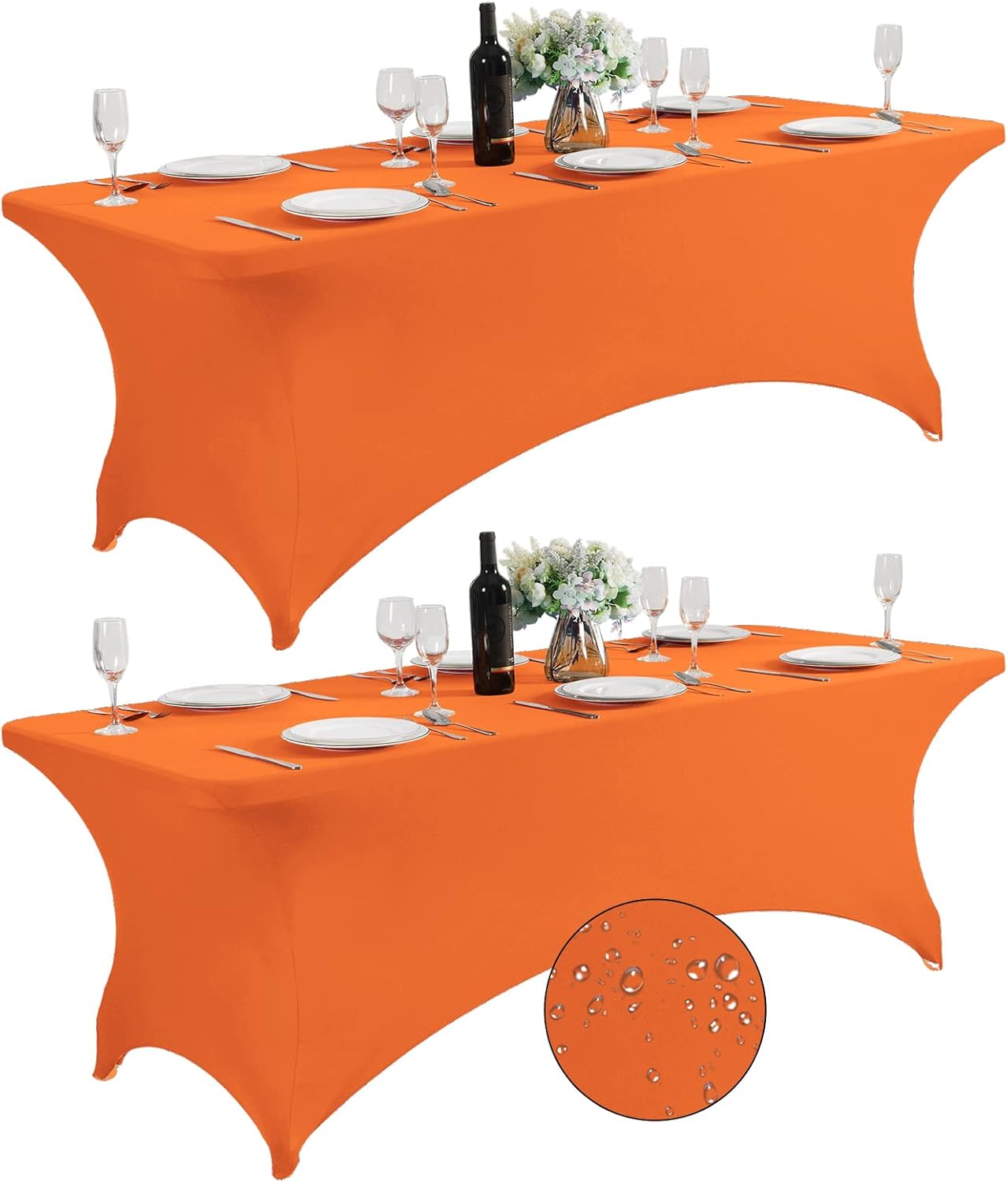 SuperO 2Pack Waterproof Spandex Table Cover for 8FT Table Universal Fitted Stretch Tablecloth for Party, Banquet, Wedding and Events-Orange