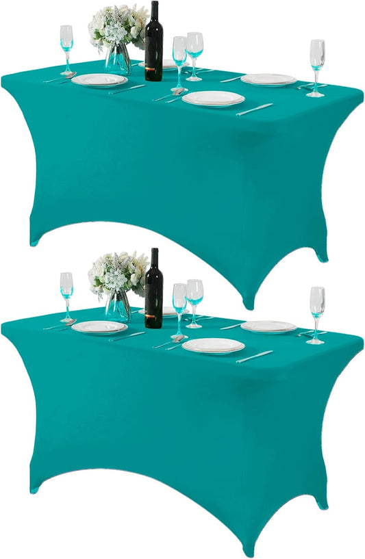 2Pack Spandex Table Cover for 4FT or 6ft or 9ft Table Universal Fitted Stretch Tablecloth for Party, Banquet, Wedding and Events-Turquoise