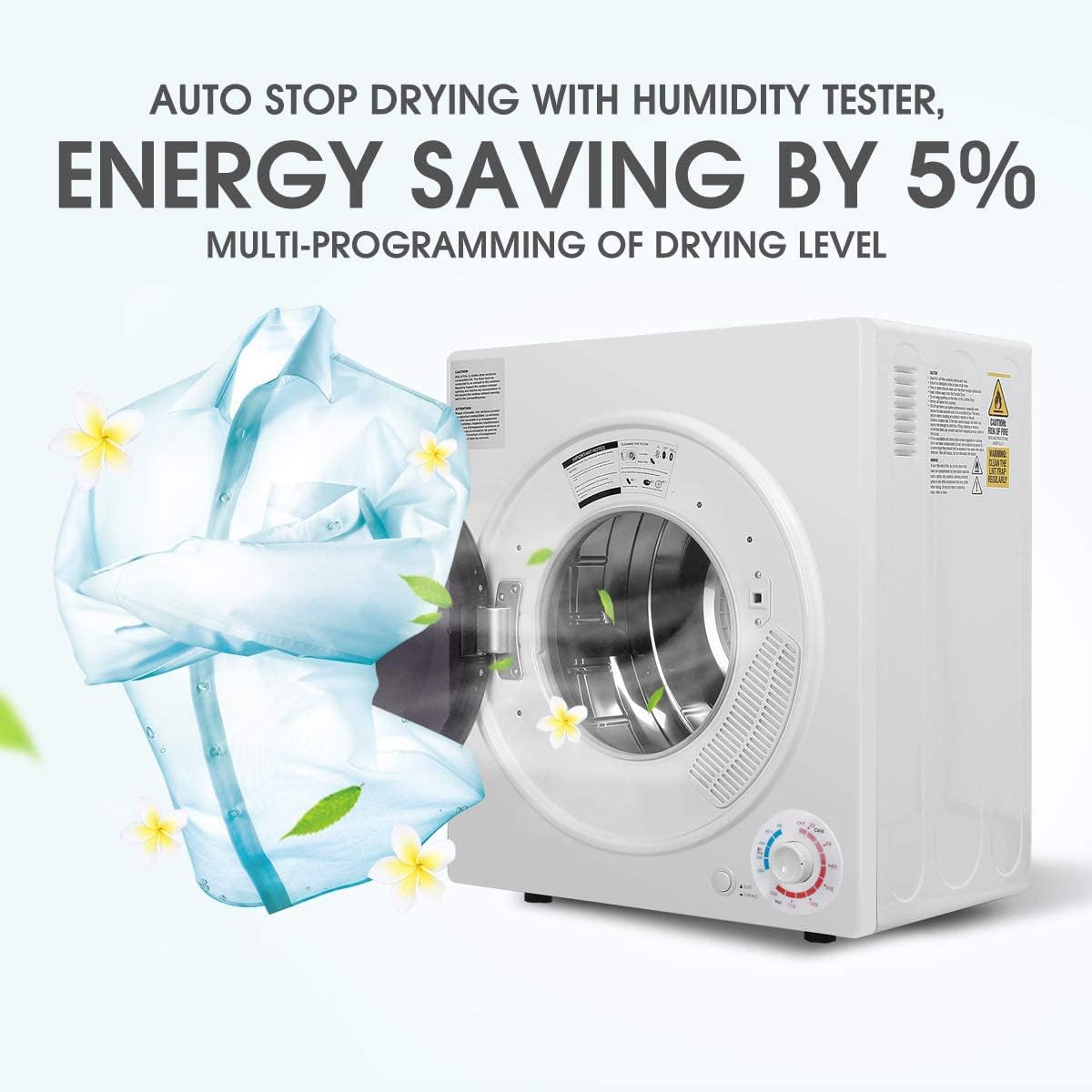 CTT 3.5 Cu. Ft. Clothes Dryer, 1500W Electric Dryers for Clothes, 110V Electric Clothes Dryer with Stainless Steel Drumble for 13.2 lbs. with 4 Automatic Drying Modes (White)
