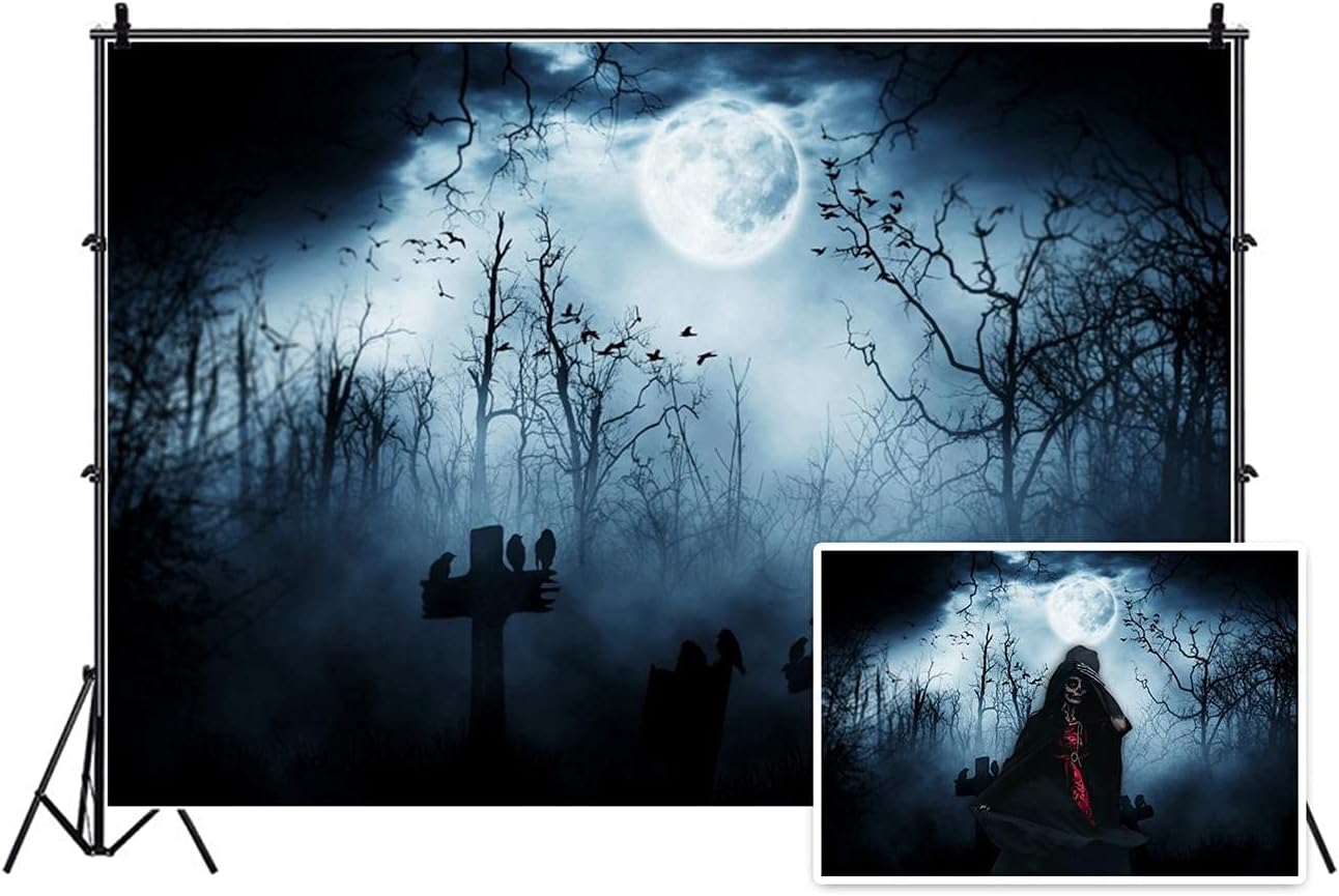 AOFOTO 10x6.5ft Moon Night Halloween Cemetery Photography Backdrop Flying Bats Birds Stand on Gravestone Cross Graveyard in Dark Forest Photo Background Cloth Vinyl Wallpaper Photo Studio Props