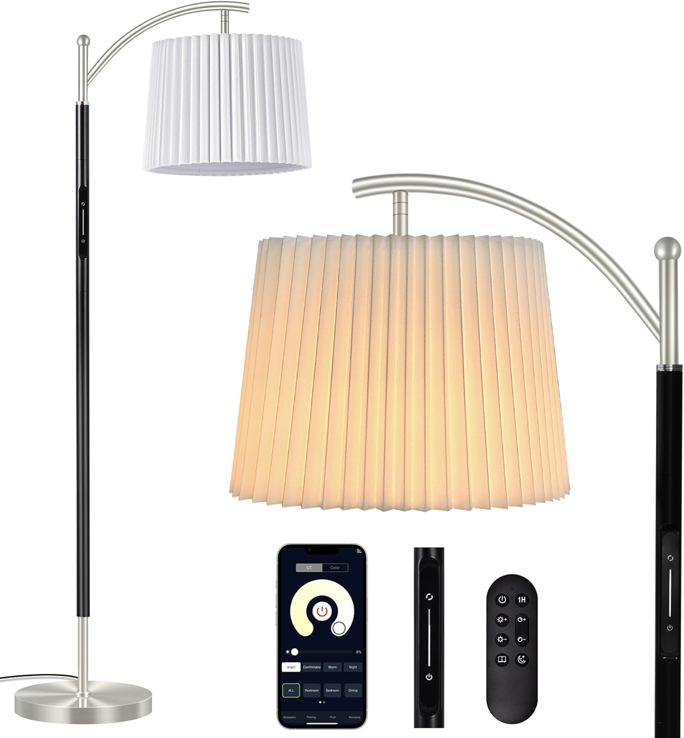 Floor Lamp, LED Floor Lamp with APP & Remote & Touch Control, Stepless Color Temperatures and Brightness, Tall Standing Lamp with Pleated Lampshade for Living Room, Bedroom, Office(Black Nickel)