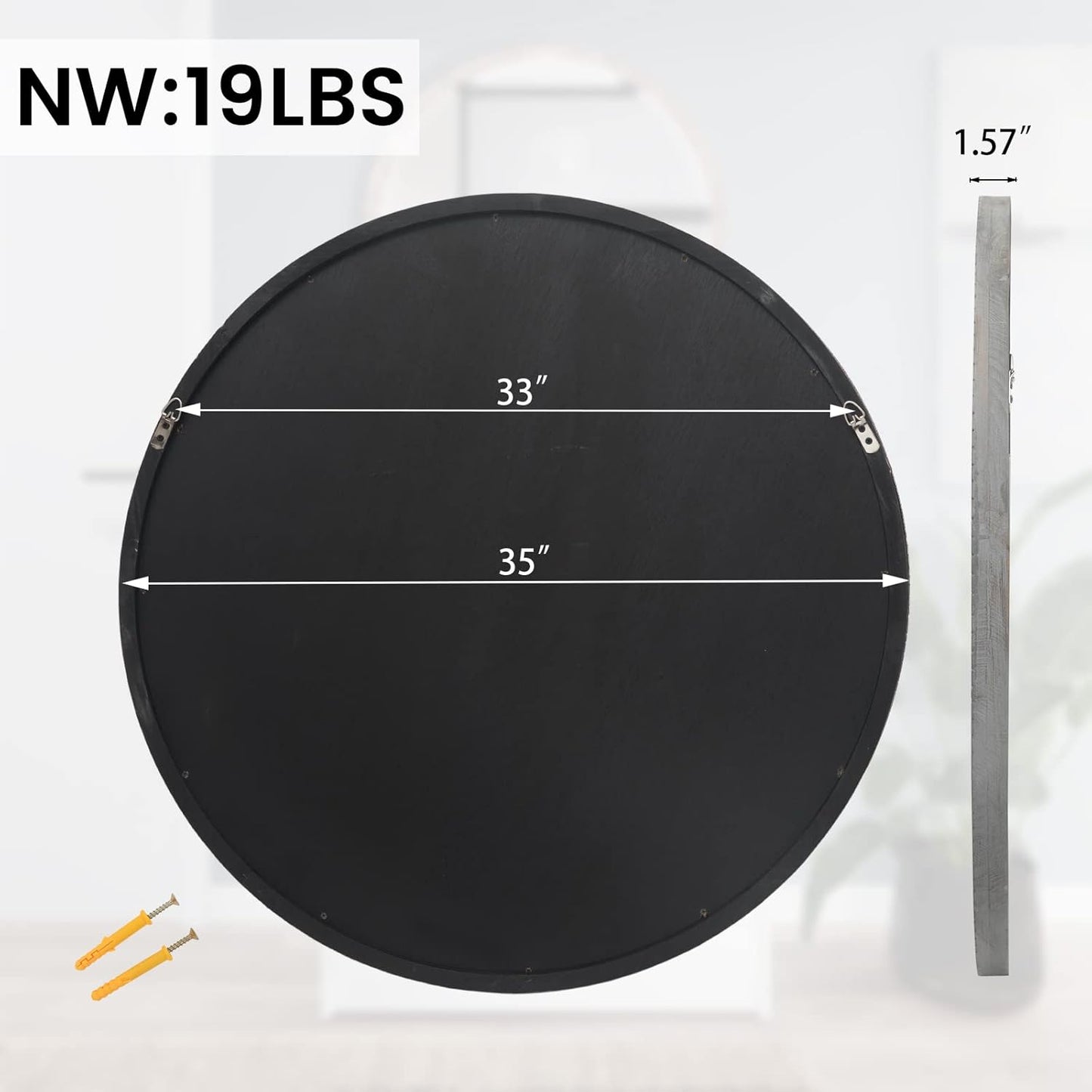 35" Round Wood Mirror, Rustic Circle Wall Mirror with Beveled, Wooden Round Mirror for Wall Decor, Decorative Wall-Mounted Mirror for Entryway, Living Room, Washed Gray Frame