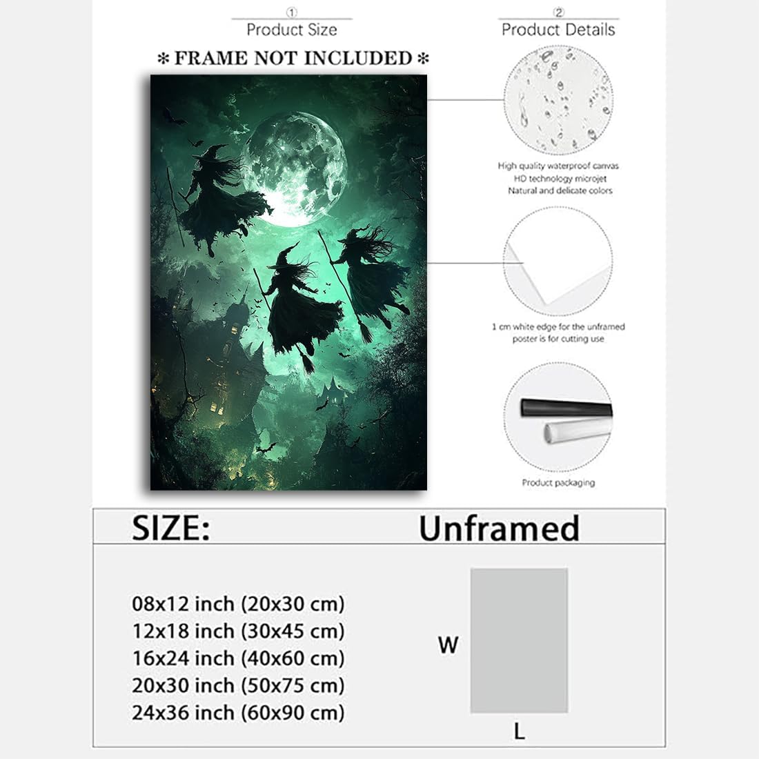 Flying Three Witches Halloween Canvas Wall Painting,Witches on Broom Under Full Moon Castle Victorian Decoration Haunted House Retro Poster for Living Room Bedroom Gallery,24"x36" Unframed