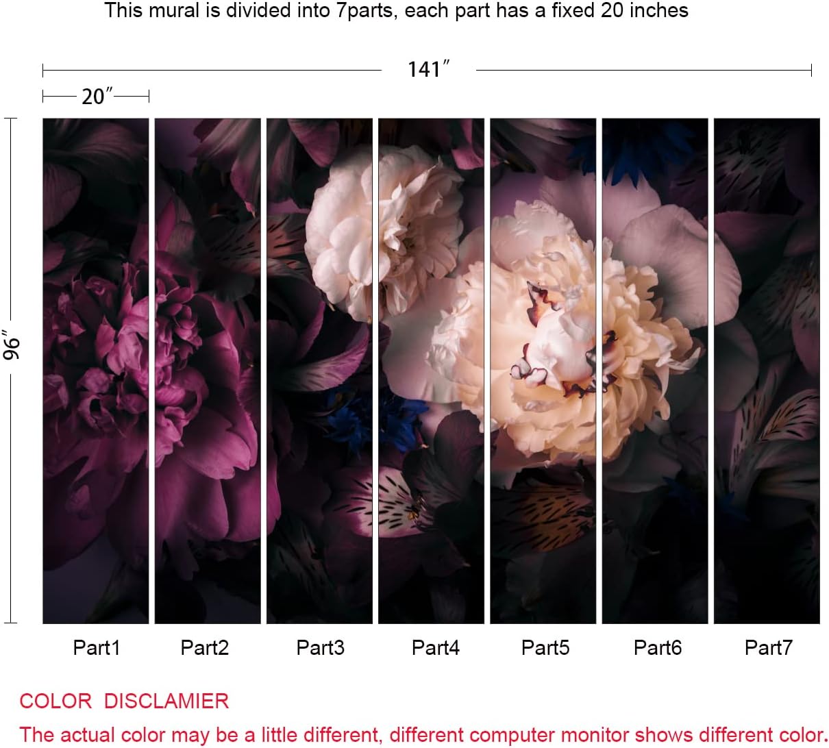 Dark Floral Wallpaper Peony Flowers Wall Mural Wallpaper for Girls Bedroom (Not Peel n' Stick)