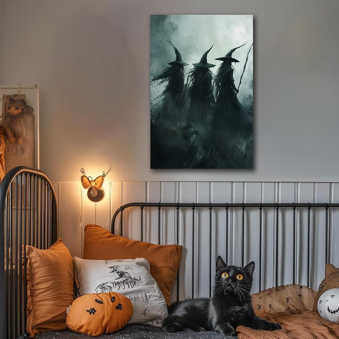 Gothic Witchs Horror Halloween Wall Art,Three Witches in Moody Forest Painting Wall Decor,Autumn Spooky Witches Forest Canvas Printing For Gallery Living Room Bedroom,12"x18" Framed