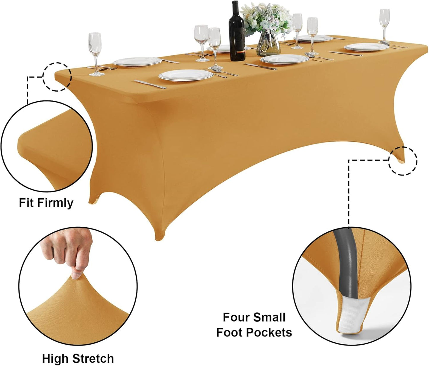 SuperO 2Pack Waterproof Spandex Table Cover for 8FT Table Universal Fitted Stretch Tablecloth for Party, Banquet, Wedding and Events-Gold