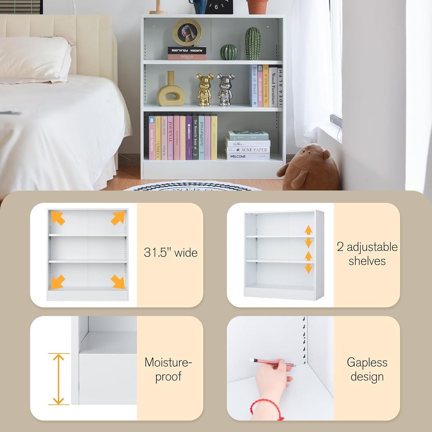 3-Tier Bookshelf with Adjustable Shelves, White Metal Space Saving Storage Shelf Bookcase, Small Open Storage Shelf for Living Room, Home Office, Dinning Room, Pantry (White-36H)