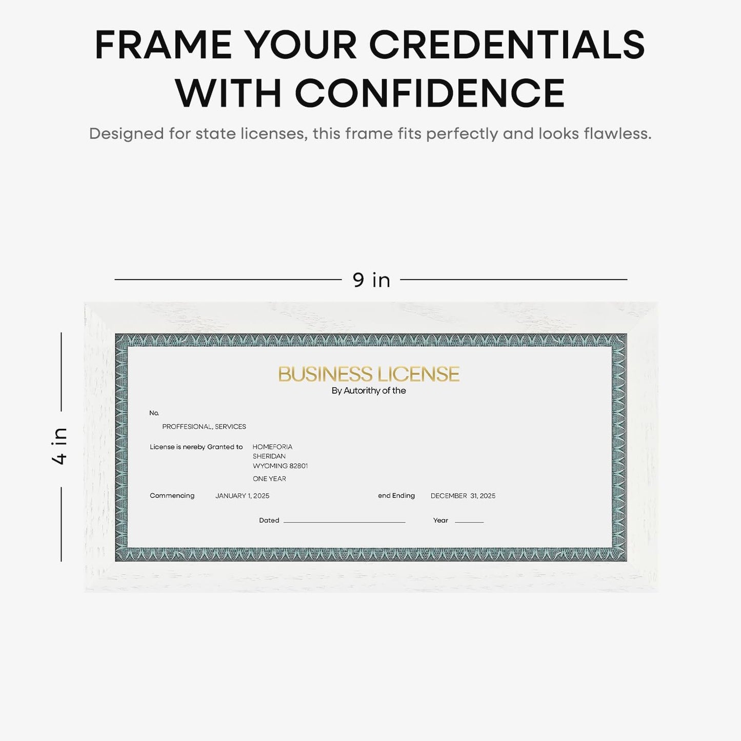 Homeforia 4x9 Business License Frame White, High End Oak 4 x 9 White Wood Certificate Frames, 9x4 Wooden Document Frames for Wall or Tabletop, 4 by 9 Picture Frames, Tempered Glass, Wall Kit, Set of 1