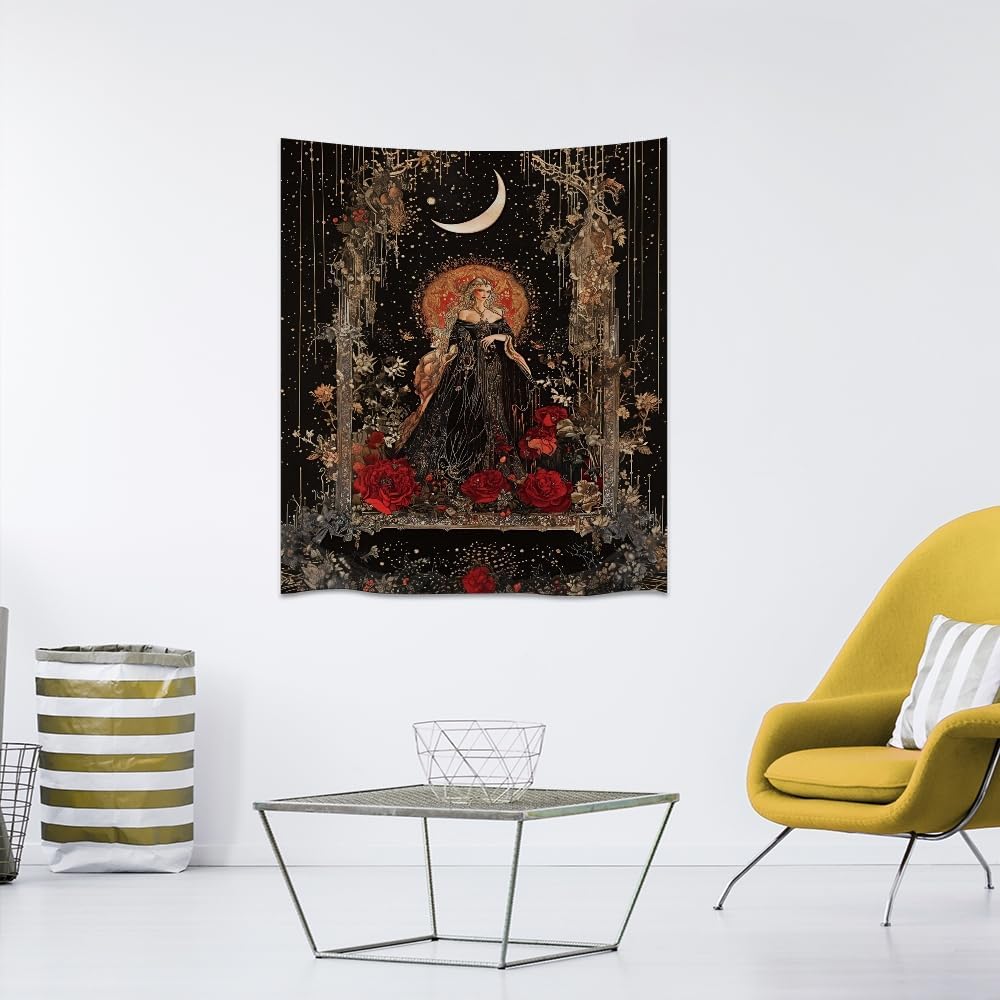 Dark Academia Moon Goddess Tapestry Gothic Fantasy Rose Wall Art Mystical Witchy Woman Print Victorian Artwork Aesthetic Tapestries Wall Hanging for Girls Room Bedroom Decor 30x40inch