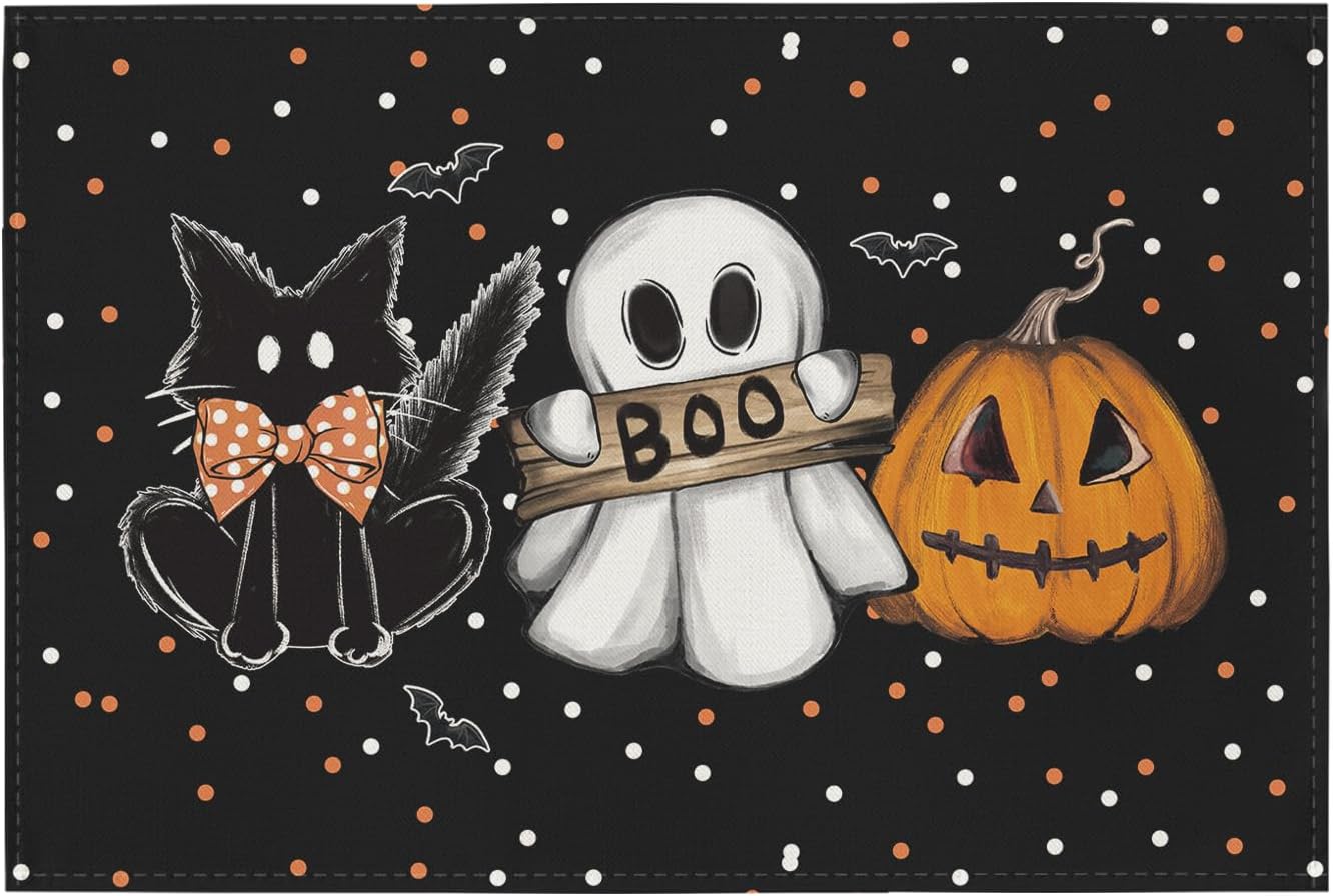 Artoid Mode Cat Ghost Pumpkin Halloween Placemats, 24x36 Inch Extra Large Table Mats for Kitchen Countertop Protector Dining Decoration