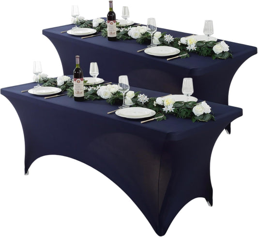 Craft And Party 2 Pack 6ft Navy Blue Spandex Tablecloth – Fitted Stretch Cover – Universal Fit for Folding Tables – Wrinkle-Free, Washable – Ideal for Parties, Weddings, Events