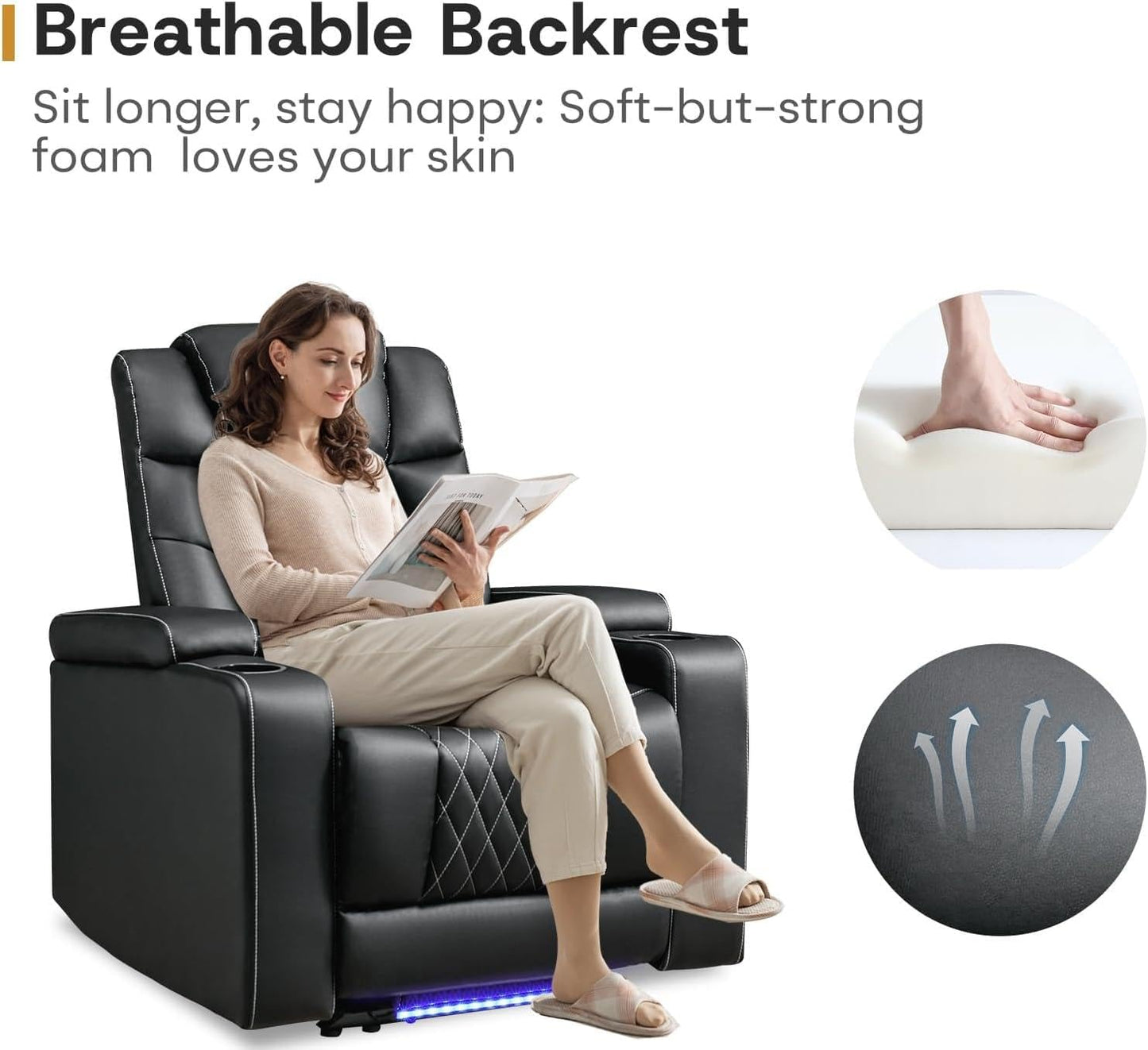 ANJ Power Home Theater Recliner Chair Set of 2, Electric Movie Theater Seating Reclining Chairs with Cup Holders for Living Room, Faux Leather with Blue LED, USB Ports, Hidden Arm Storage (Black)