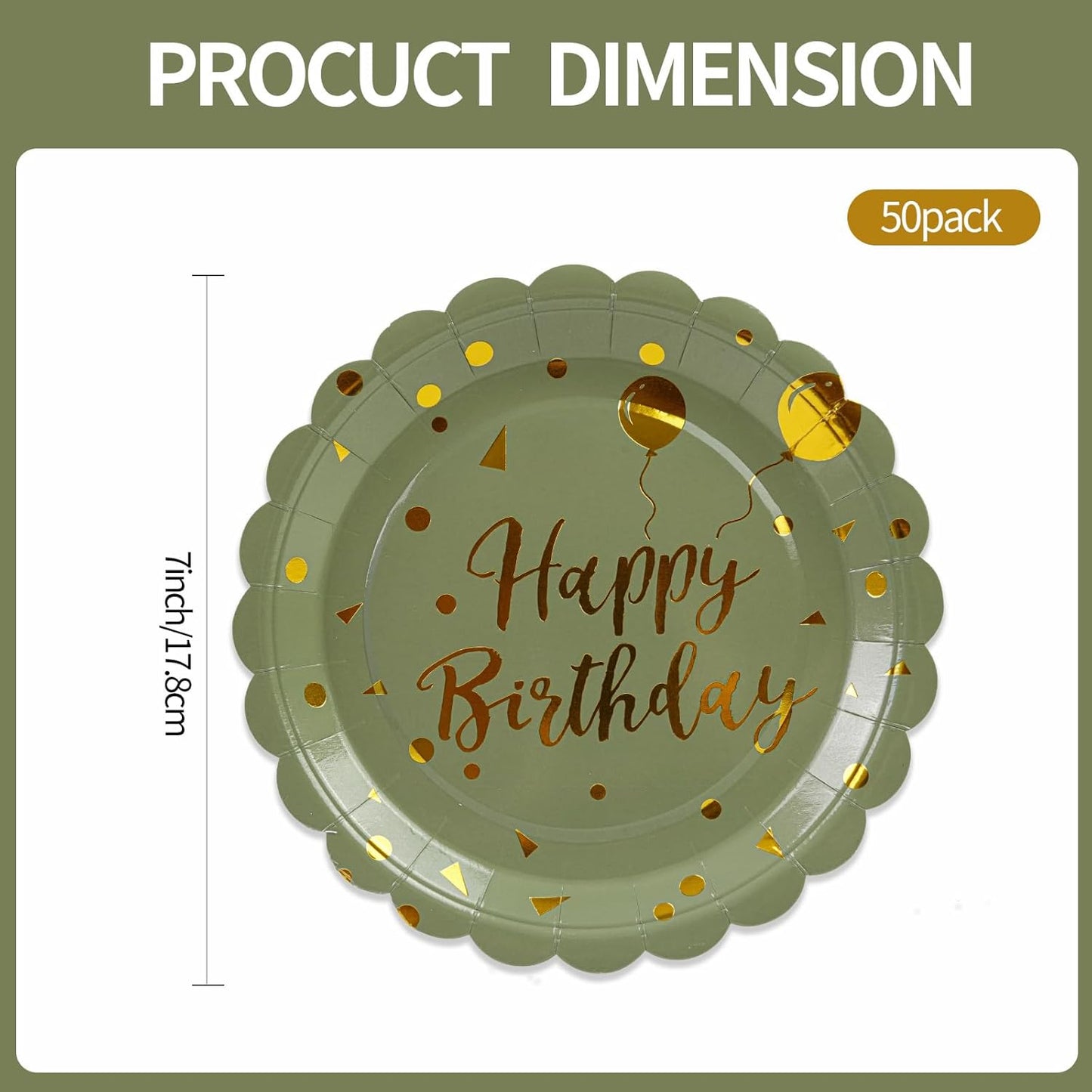 50PCS Sage Green and Gold Happy Birthday Paper Plates, 7 Inch Scalloped Disposable Birthday Dessert Cake Plates Metallic Foil Polka Dots Party Supplies for Birthday's Decorations