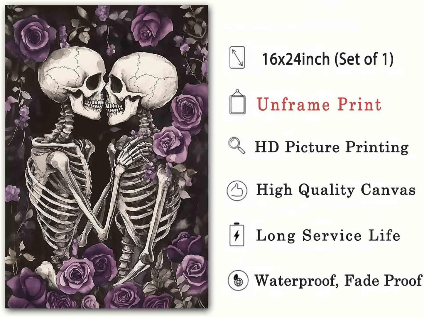 Gothic Skull Wall Art Skeleton Lover Poster Gothic Skull Wall Art Vintage Skeleton Print Horrible Posters Kissing Poster Dark Moody Paintings Dark Academia Canvas Living Room Decor 16x24inch No Frame