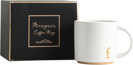 COLLECTIVE HOME - Monogram Ceramic Mugs, 15 oz Golden Initial Coffee Cups, Elegant Alphabet Tea Mugs, Elegant Personalized Mug with Gift Box, Luxurious Cups for Office and Home (f)