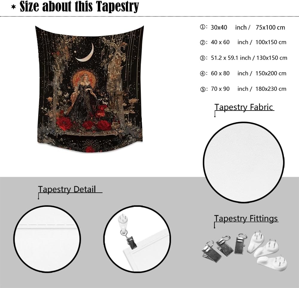 Dark Academia Moon Goddess Tapestry Gothic Fantasy Rose Wall Art Mystical Witchy Woman Print Victorian Artwork Aesthetic Tapestries Wall Hanging for Girls Room Bedroom Decor 70x90inch