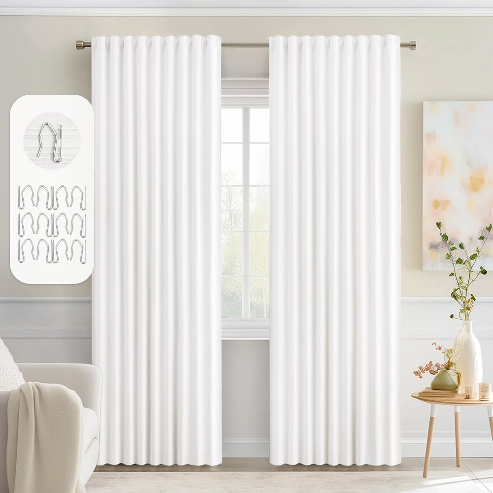 MIULEE Pure White Back Tab Blackout Curtains 90 Inches Long 2 Panels Set for Living Room Bedroom Privacy, Rod Pocket/Pinch Pleat Thermal Insulated Room Darkening Pleated Light Blocking Drapes