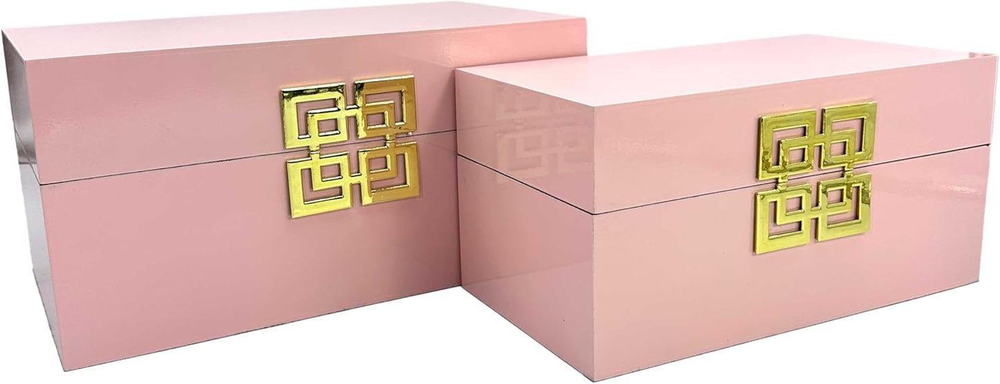 Galt International Storage Box Set Decorative Storage Box w/Hinged Lid Classic Design Wood Decor Boxes with Geometric Clasp Storage for Bedroom & Home - Set of 2 (Pink & Gold)