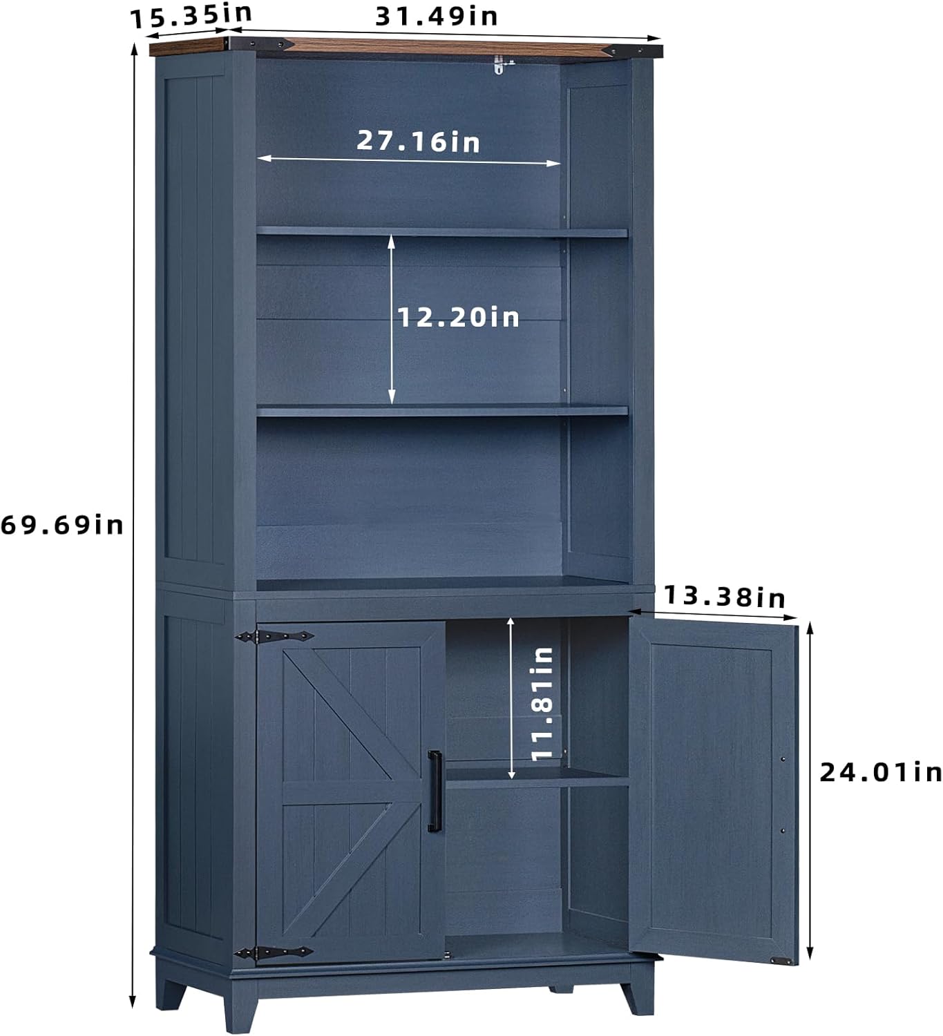 70in Tall Bookshelf 5 Tier Bookcase with Barn Doors and Adjustable Shelves, Blue Farmhouse Book Shelf with Storage Cabinet, Wood Freestanding Display Bookshelves for Bedroom, Kitchen (2PCS)