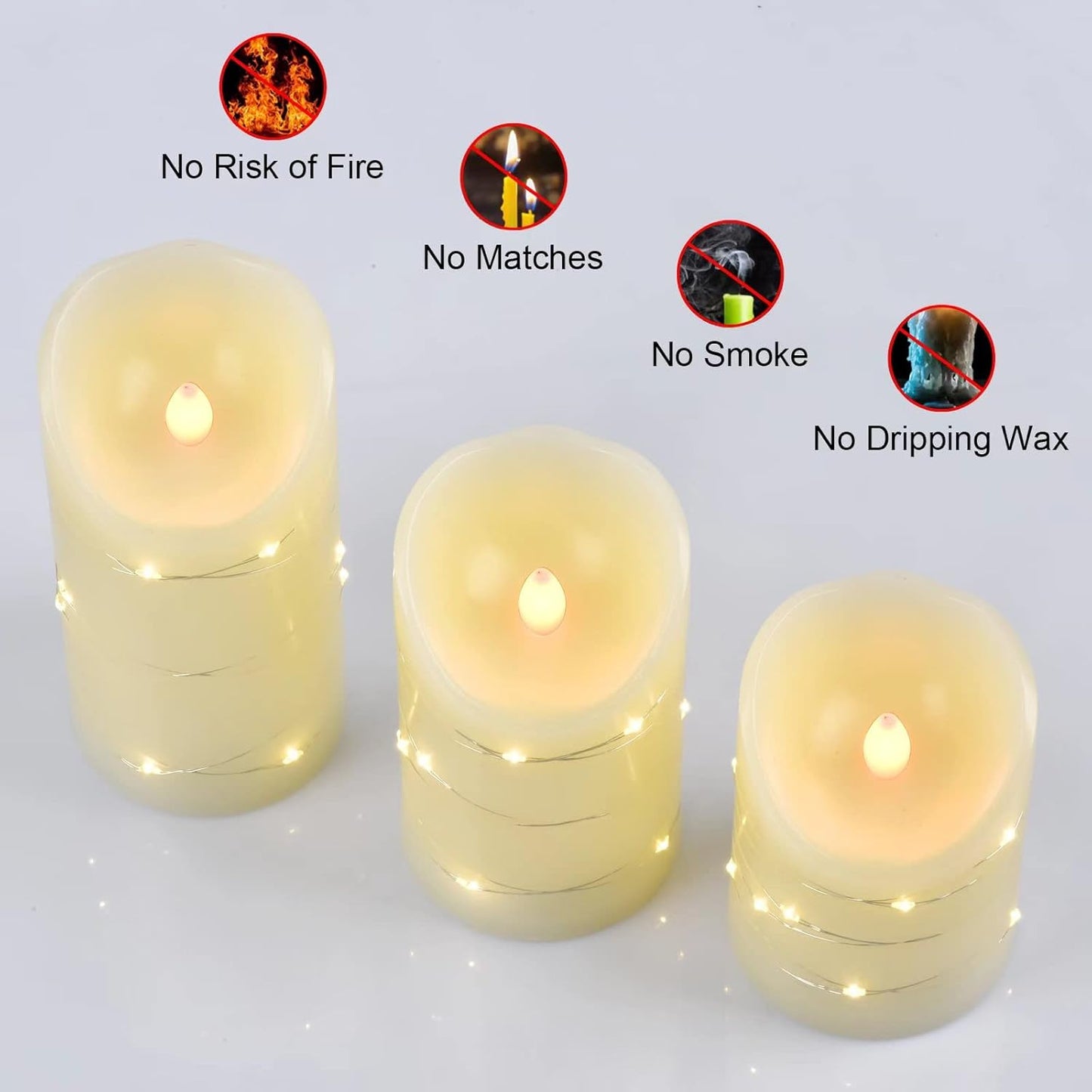 Flameless battery Operated LED candles with 11 Key remote control 24-hour timer Set of 3， With embedded string lights electric flickering pillar Real Wax ，Party, Wedding, Home Decoration(lvory)