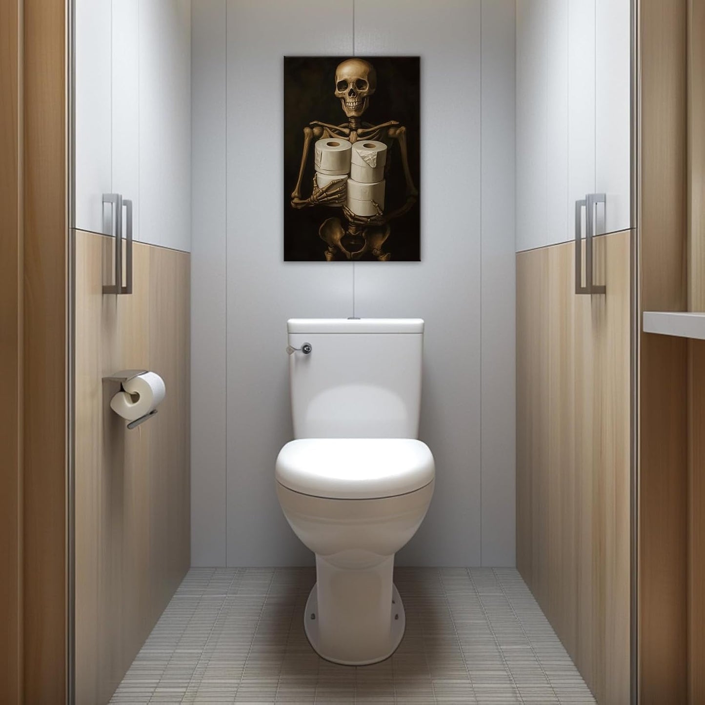 Gothic Skull Wall Art Funny Skeleton with Toilet Paper Canvas Print Vintage Skull Painting Framed Artwork for Living Room Home Halloween Wall Decor(Artwork-8,28"x42")