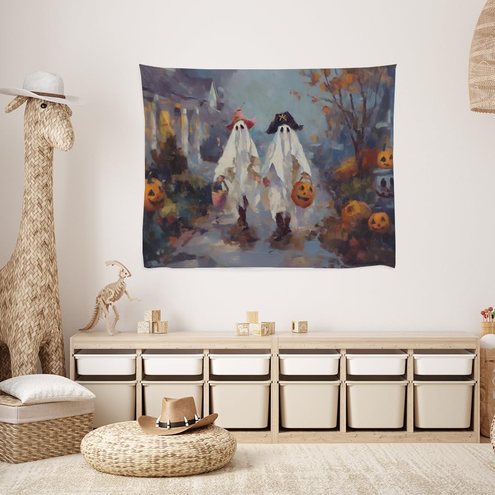 Funny Halloween Ghost Tapestry Wall Hanging Cute Kids Nursery Room Decor Trick or Treat Art Print Goth Fall Pumpkin Ghost Tapestries for Living Room Bedroom wall Decor 60x80inch