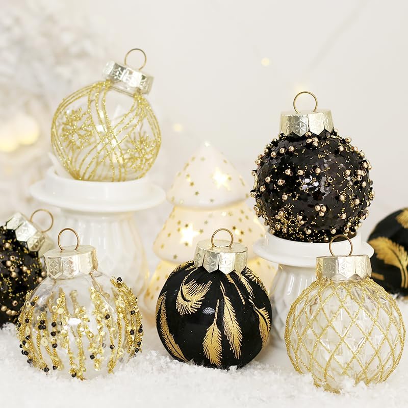 25PCS Christmas Ornaments Set, 2.36"/6CM Clear Plastic Shatterproof Christmas Ball Hanging Ornaments for Xmas Tree Decorations, for Indoor Home Party Holiday Decor - Black/Gold.