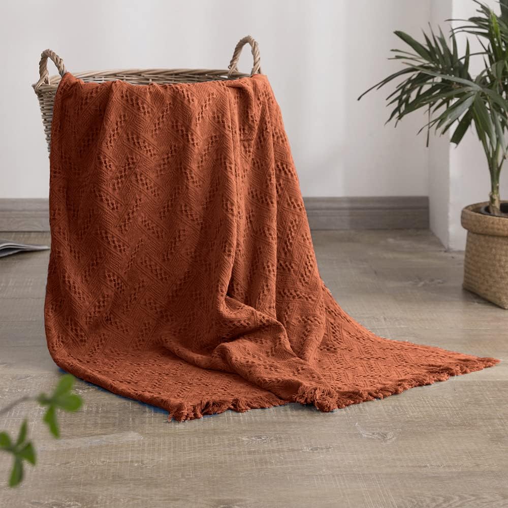Simple&Opulence 100% Cotton Throw Blanket for Bed, Couch, Boho Luxury Geometric Woven Blanket with Tassels Soft Lightweight Cozy Breathable, Vintage Farmhouse Decoration for All-Season(Rust Orange)