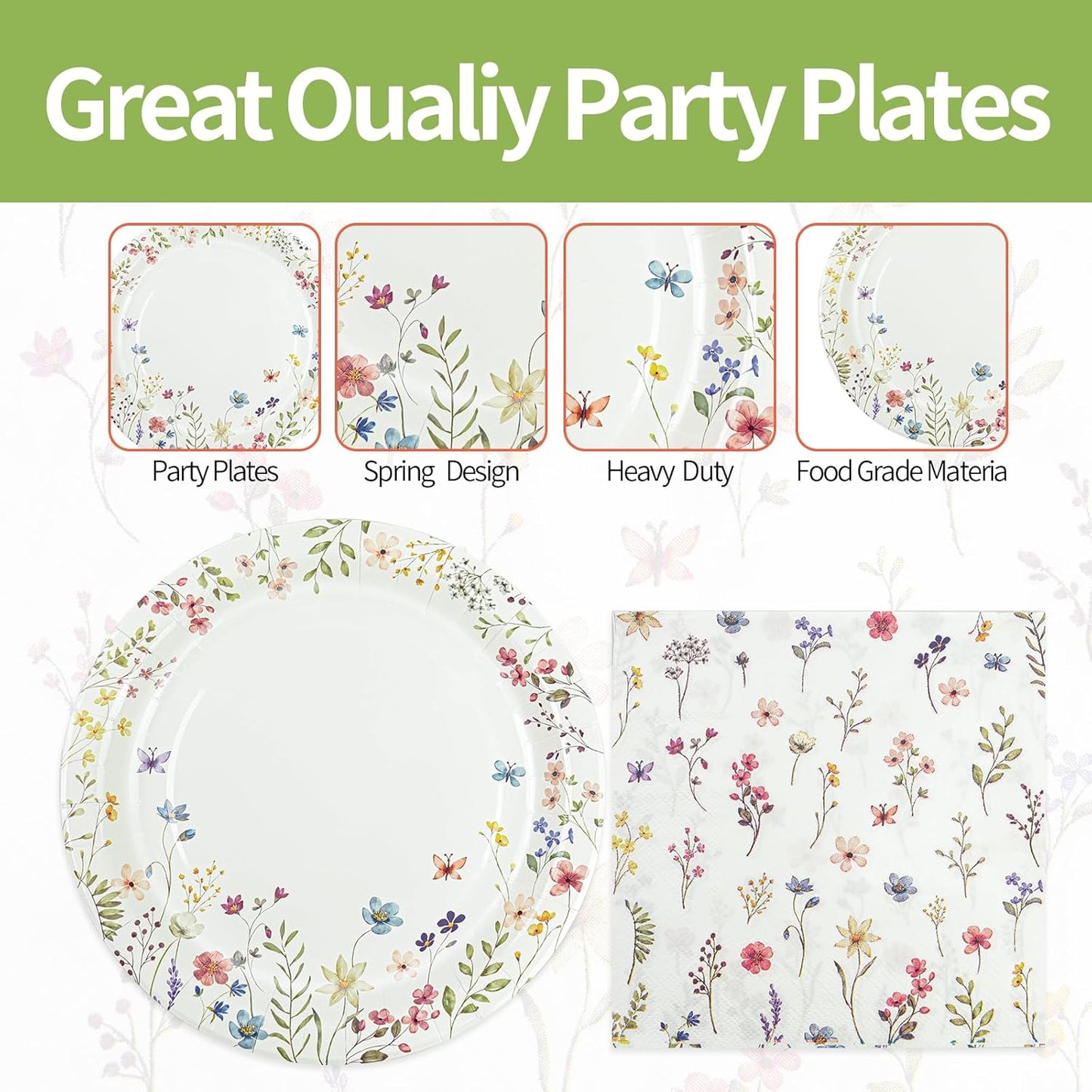 40 pcs Spring Wildflower Pary Paper Plates and Napkins Disposable Flower 9 inch 20 pcs Dessert Party Plates & 20 pcs Napkins Tableware for Fruit Cake Party Decorations