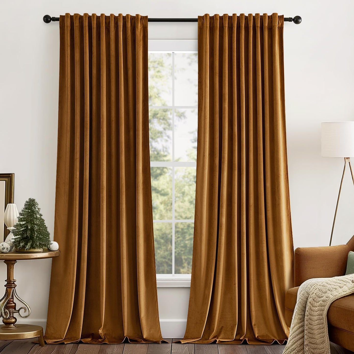 MIULEE Gold Brown Velvet Curtains 84 inches Long 2 Panels - Luxury Pinch Pleated Room Darkening Blackout Window Drapes for Bedroom Living Room Thermal Insulated Super Soft, Back Tab Rod Pocket