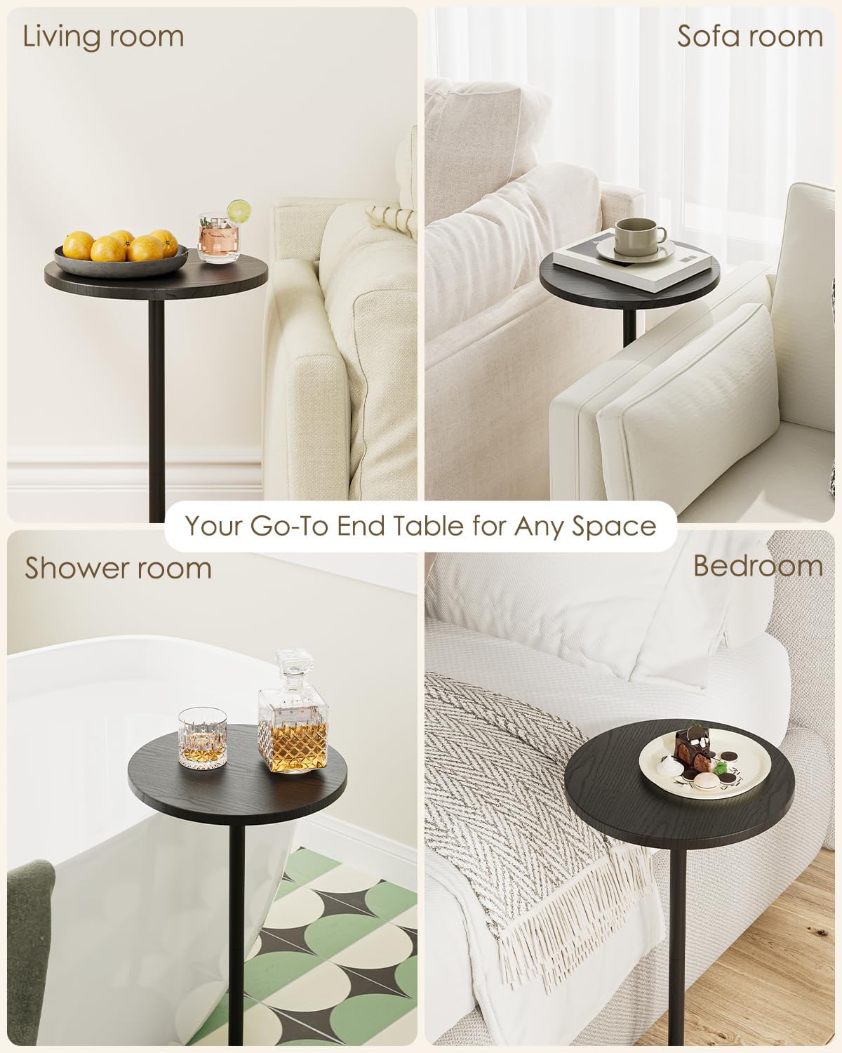 Masupu Drink Table, Round Side Table for Small Spaces, Pedestal Side Table, Small End Table with Metal Base, for Living Room, Bedroom, Bathroom, Black