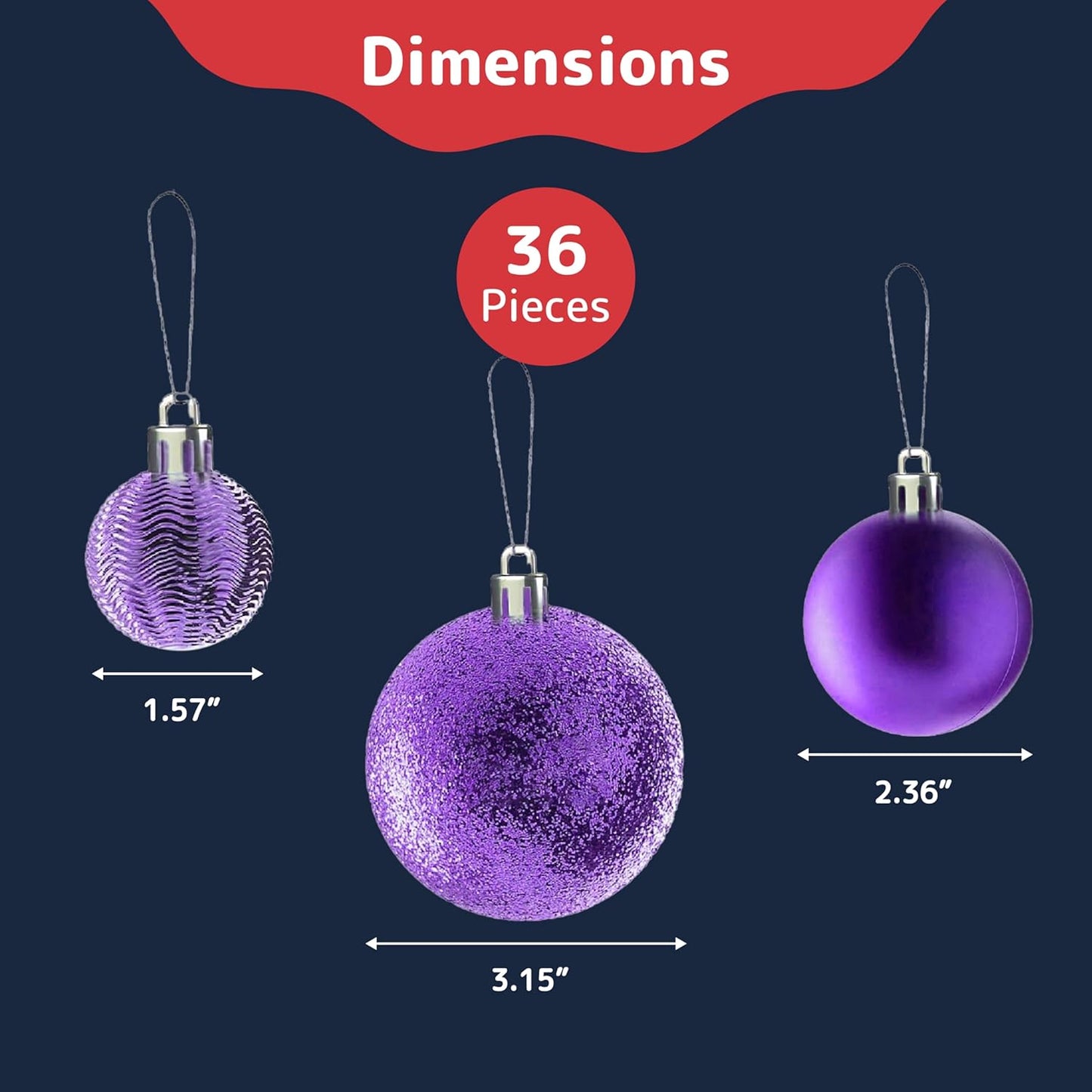 PREXTEX 36-Piece Purple Christmas Ornaments Set - Shatterproof Plum Colored Tree Balls - 6 Styles, 3 Sizes with Hanging Loops to Decorate Christmas Tree - Ideal for Indoor and Outdoor Holiday Decor