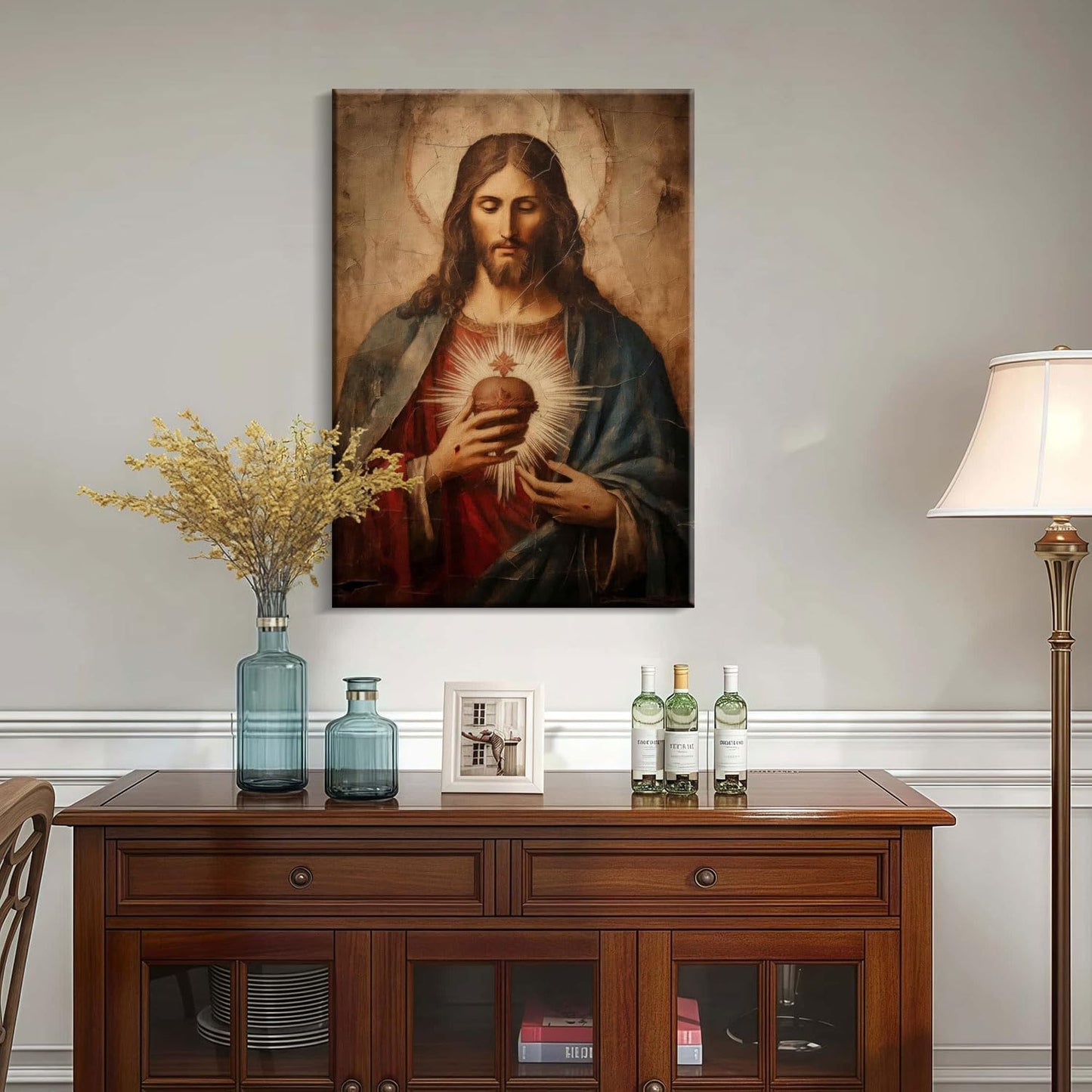 Framed Jesus Sacred Heart Canvas Painting Wall Art Christian Religious Poster Inspirational Bible Art Gallery Style Print for Bedroom Church Home Decor 12X16 Inch Ready to Hang