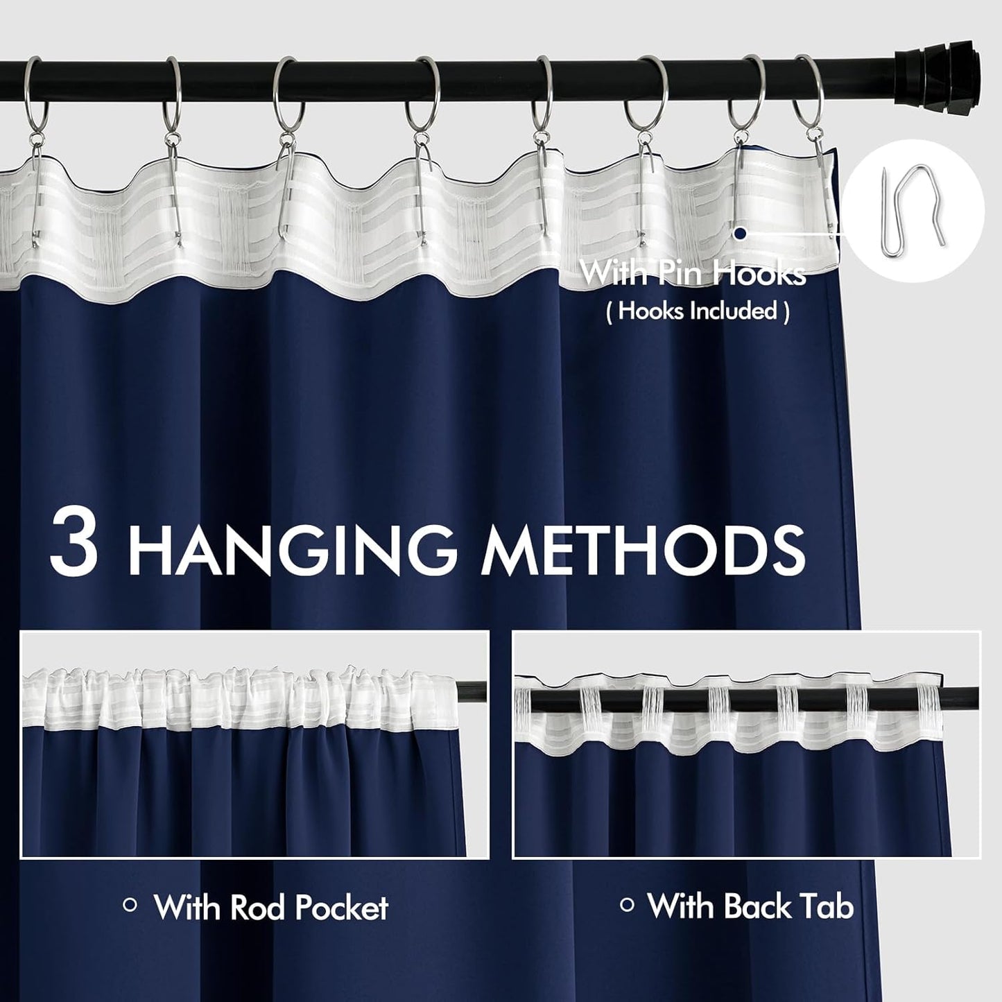 MIULEE Navy Blue Back Tab Blackout Curtains 102 Inch Long 2 Panels Set for Bedroom, Rod Pocket/Pinch Pleated Thermal Insulated Living Room Darkening Light Blocking Floor to Ceiling Drapes