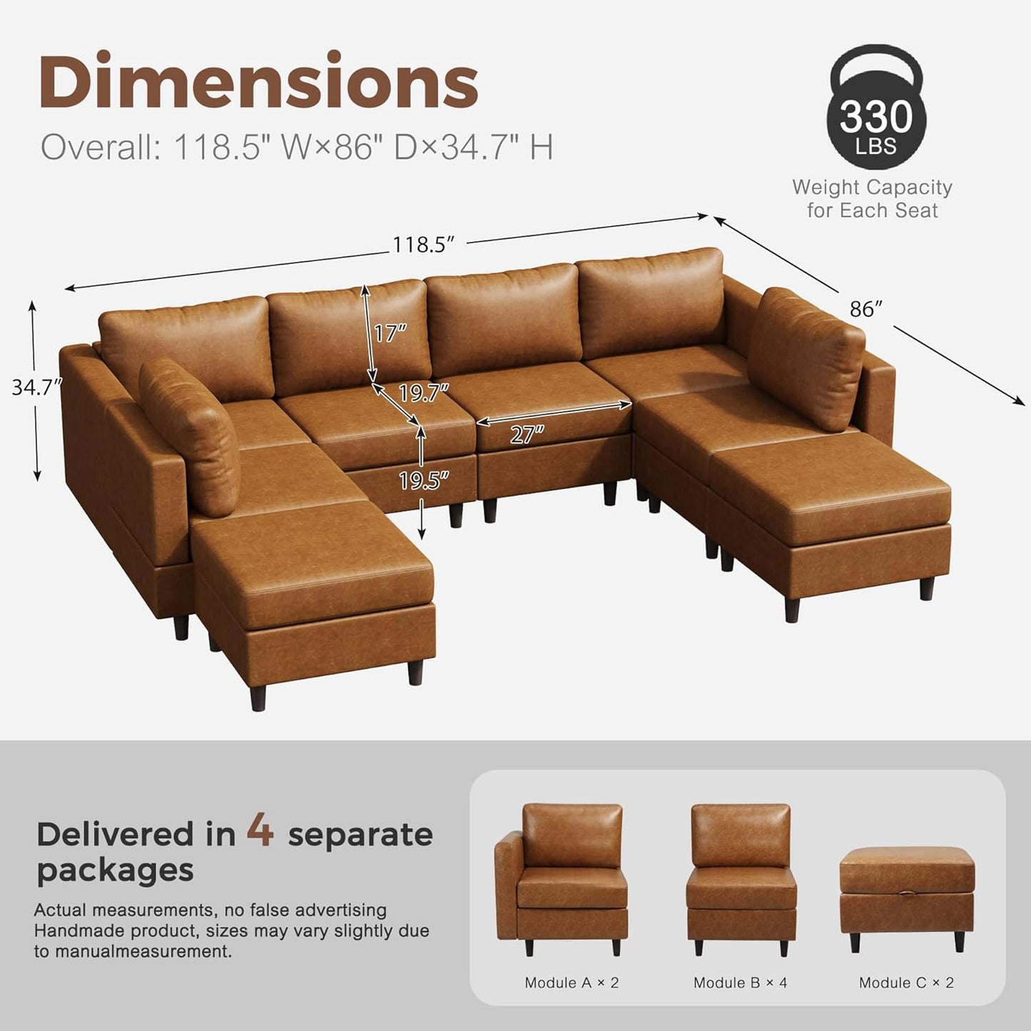 118.5" Faux Leather Modular Sectional Sofa, Modern Large 8 Seater U Shaped Couch with Storage Seat with Reversible Chaise Deep Seat for Living Room DIY Combination - Brown