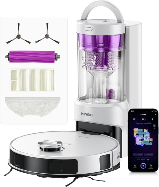 Eureka E20 Plus Robot Vacuum with Bagless Self Emptying Station, Robotic Vacuum and Mop Combo, 45-Day Capacity, Upgraded 8000Pa Suction and Anti Hair-Tangling Brush, LiDAR Navigation, App Control
