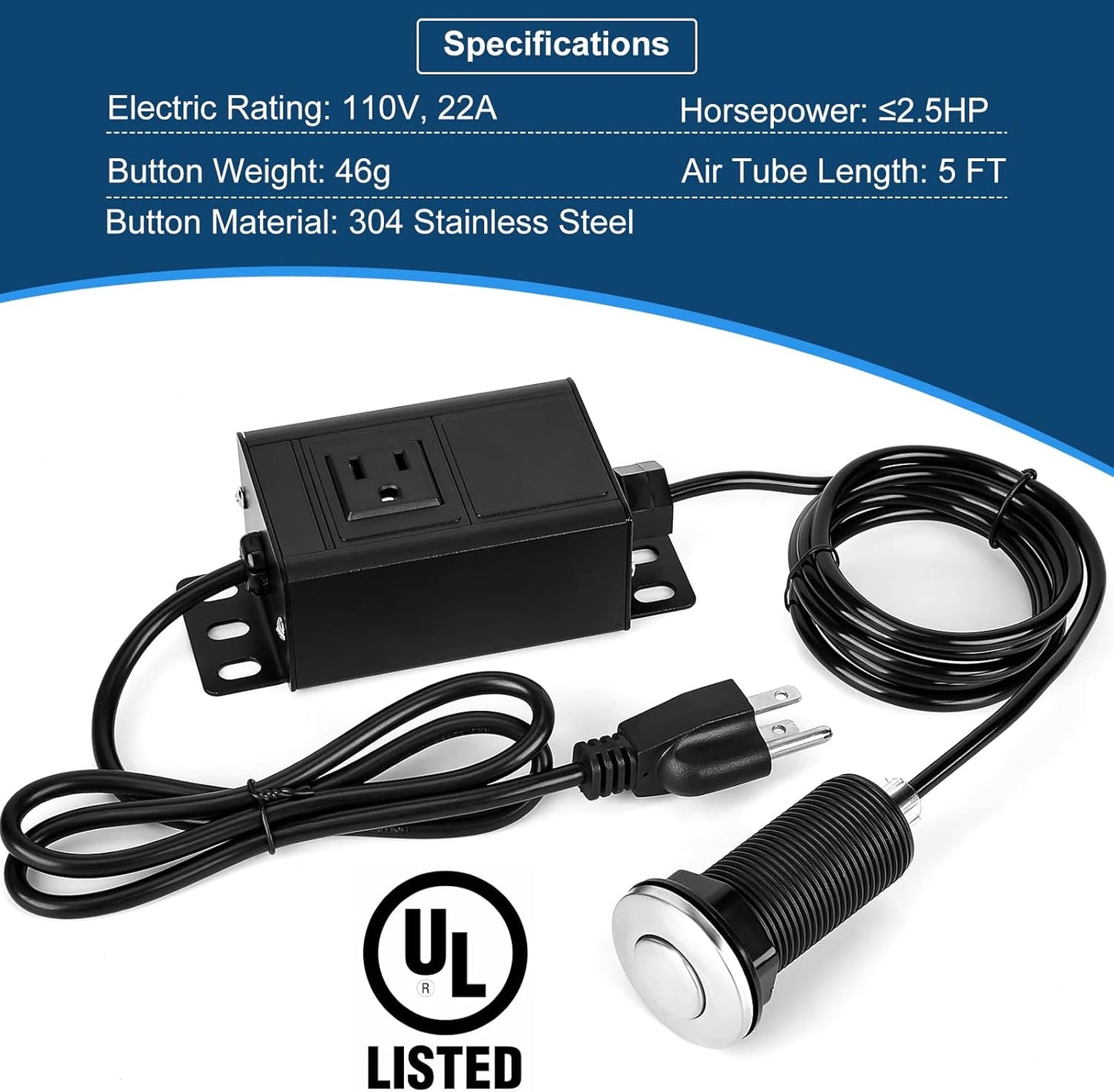 Air Switch Kit for Garbage Disposal, UL Listed Sink Top Air Switch for Food Waste Disposal, 3.58” Extra Long Air Button (Brushed Stainless Steel)