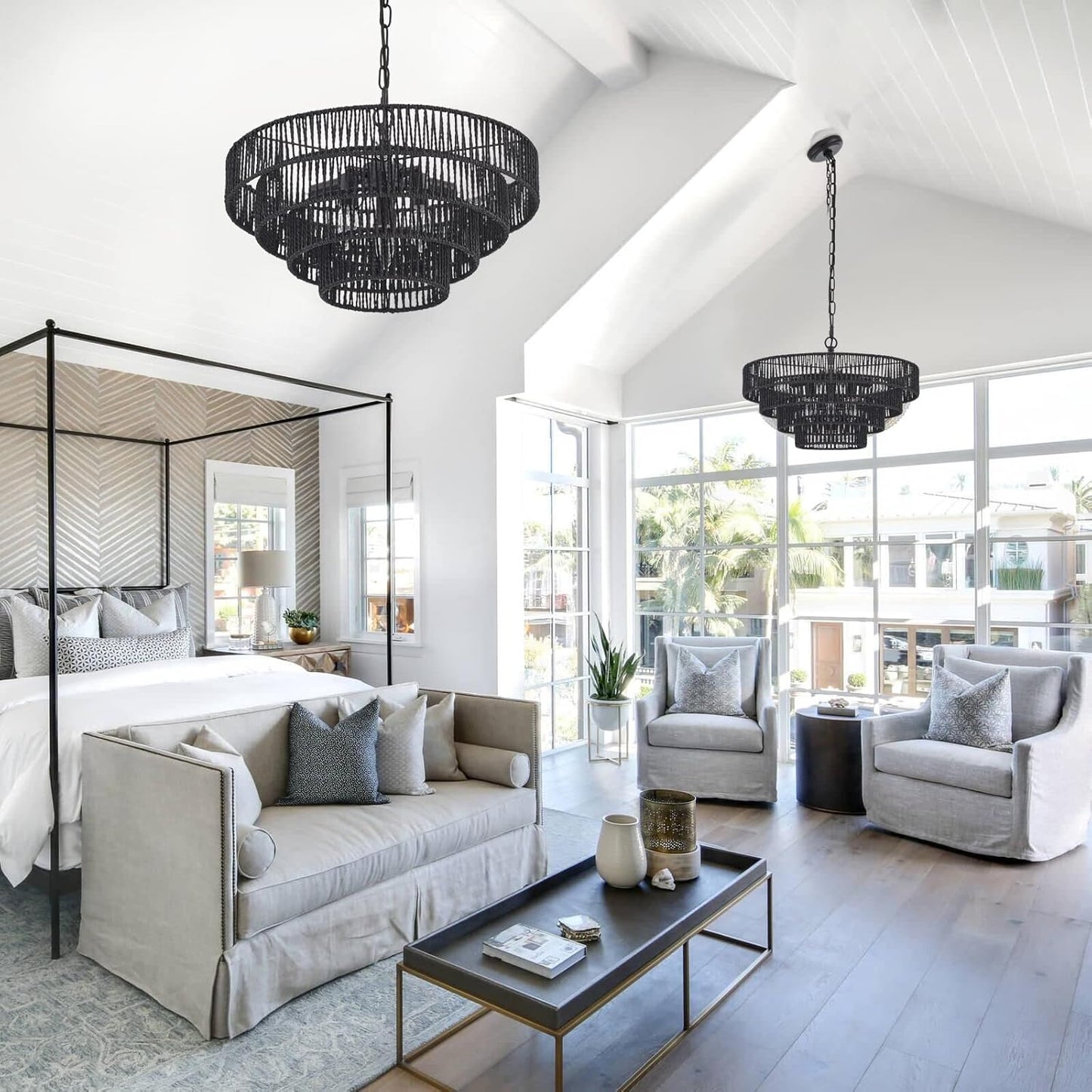 20” Hand-Woven Rattan Chandelier 6-Lights Transitional Minimalist 4 Round Boho Large Pendant Light for Kitchen Island Dining Room Living Room Hallway, Matte Black, UL Listed