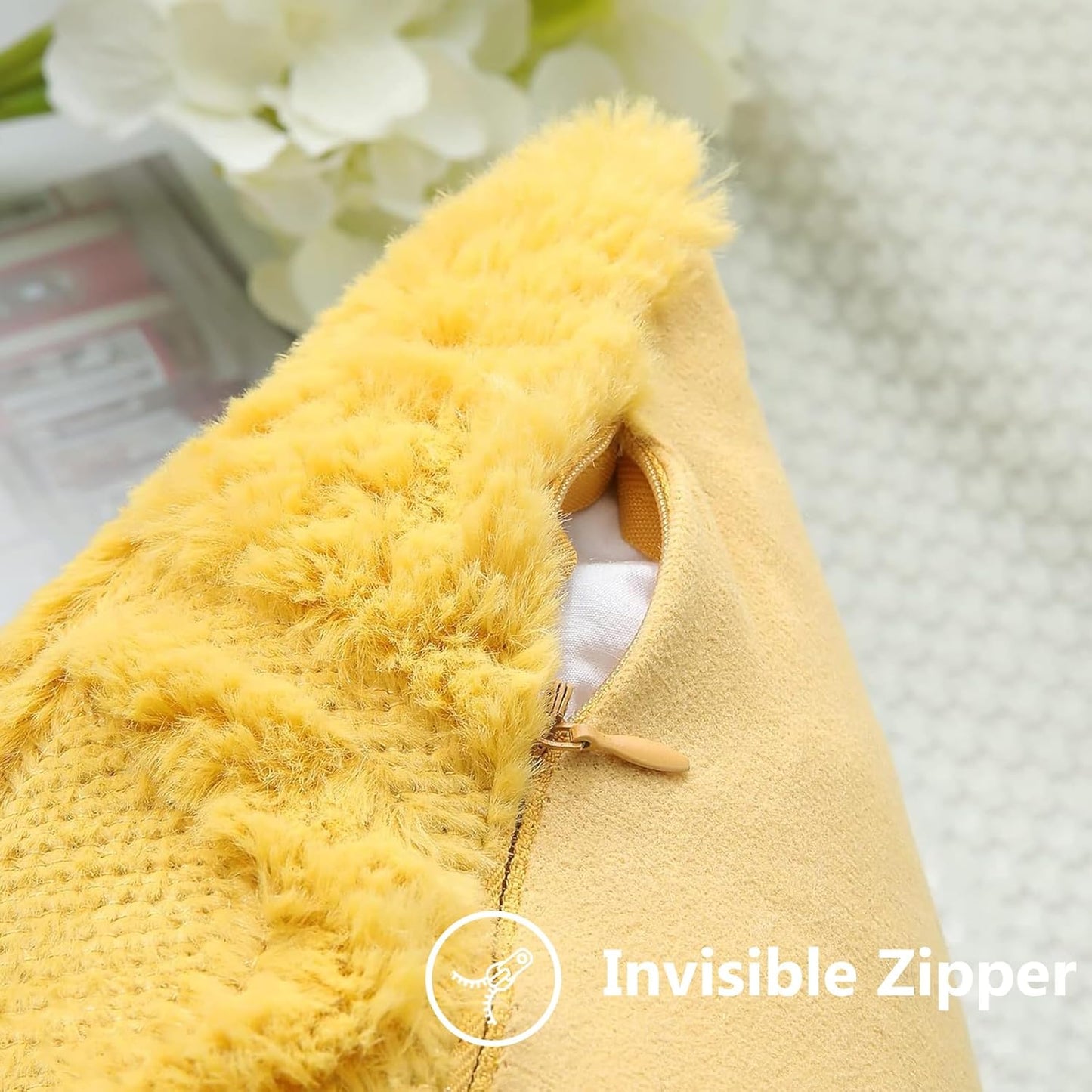 decorUhome Throw Pillow Covers 12x20 Inch Set of 2, Soft Plush Decorative Faux Fur Mustard Yellow Solid Couch Pillow Covers, Accent Farmhouse Neutral Lumbar Euro Pillow Cases for Sofa Bed Living Room