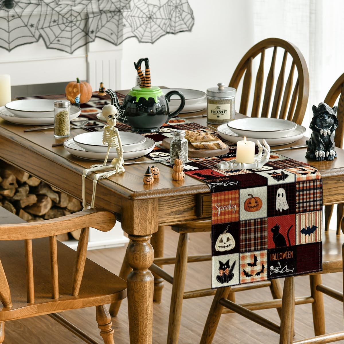 Artoid Mode Black Cat Bat Pumpkin Spooky 210 GSM Halloween Table Runner, Ghost Kitchen Dining Table Decoration for Home Party Decor 13x72 Inch