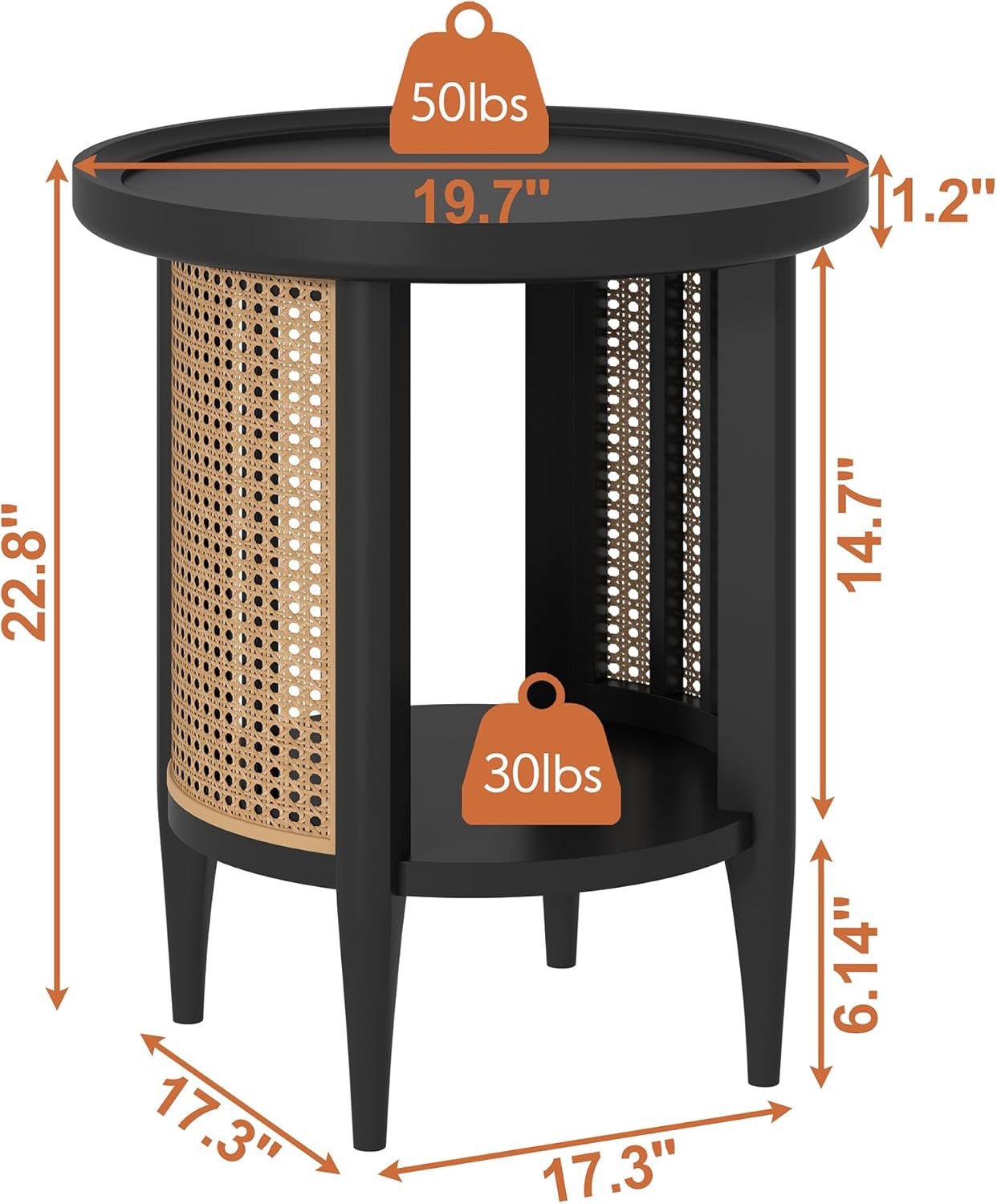 Yusong Round End Table Rattan Side Table with Solid Wood Legs, Boho Style Nightstand Bedside Table with 2-Tier Shelves, Small Coffee Table for Living Room Bedroom Small Spaces Black