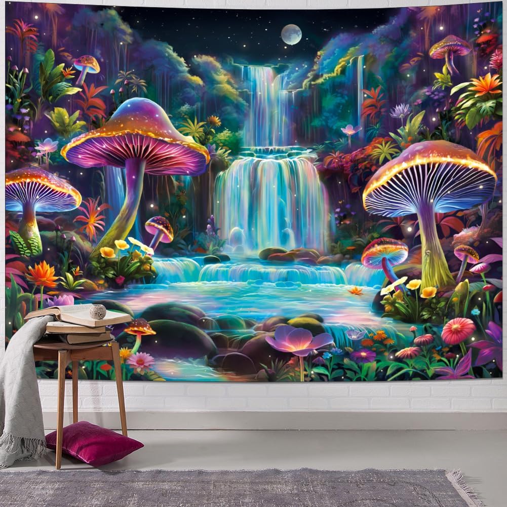 Dermijer Blacklight Tapestry Fantasy Mushroom Forest Tapestries UV Reactive Waterfall Tapestry Moon Night Neon Flower Landscape Wall Hanging for Home Decor L78.7×W59.1