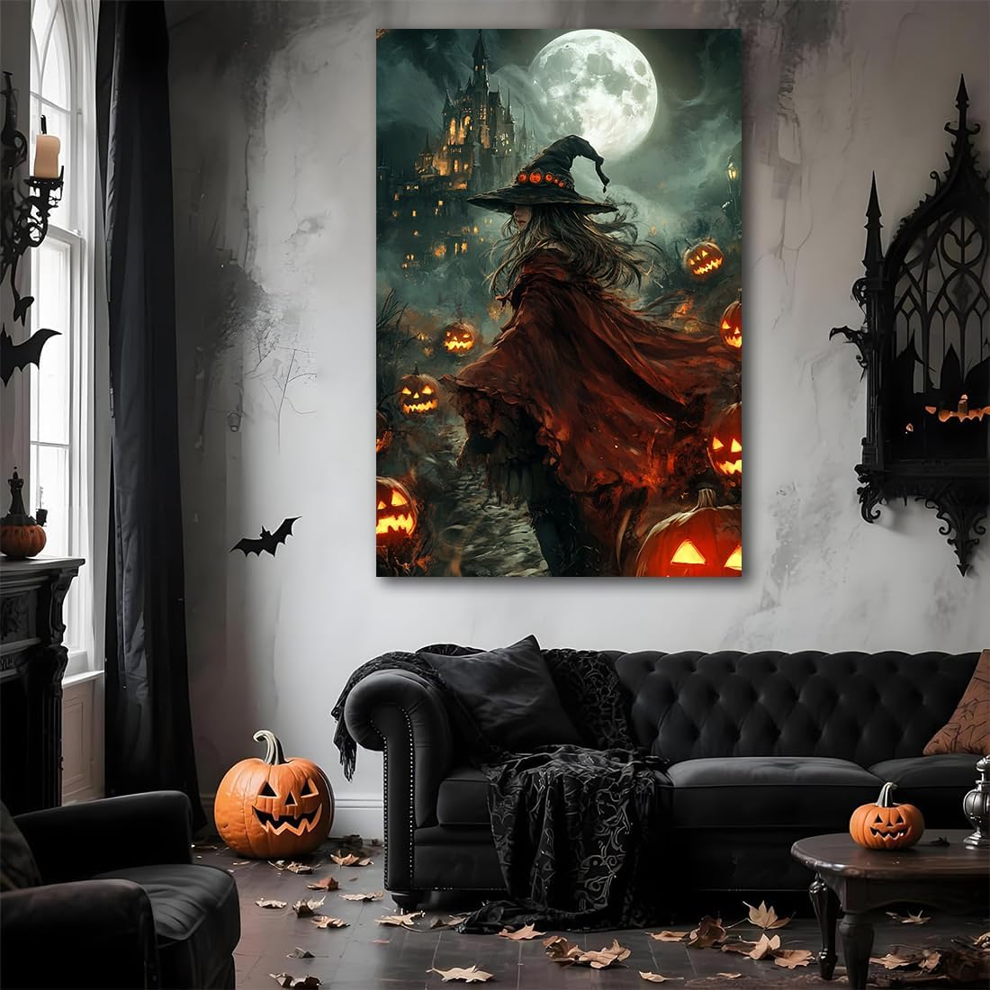 Dark and Moody Gothic Witch Poster Wall Art,Vintage Rustic Witch in Cloak with Castle Pumpkin Road Dark Gothic Poster,Goth Spooky Season Halloween Prints for Fantasy Office,8"x12" Framed