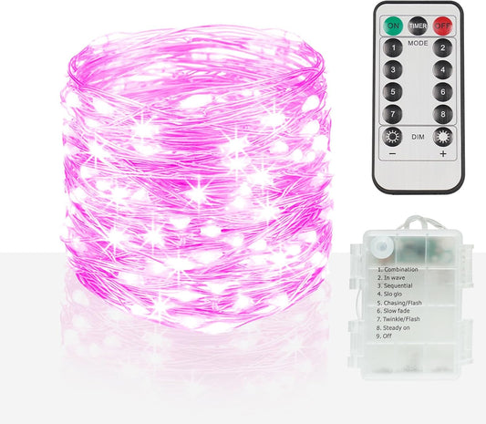 suddus Pink Fairy Lights Battery Operated Outdoor Waterproof, 33ft 100 Led String Lights with Remote, Twinkle Lights for Bedroom, Dorm, Tapestry, Christmas, Party Decorations